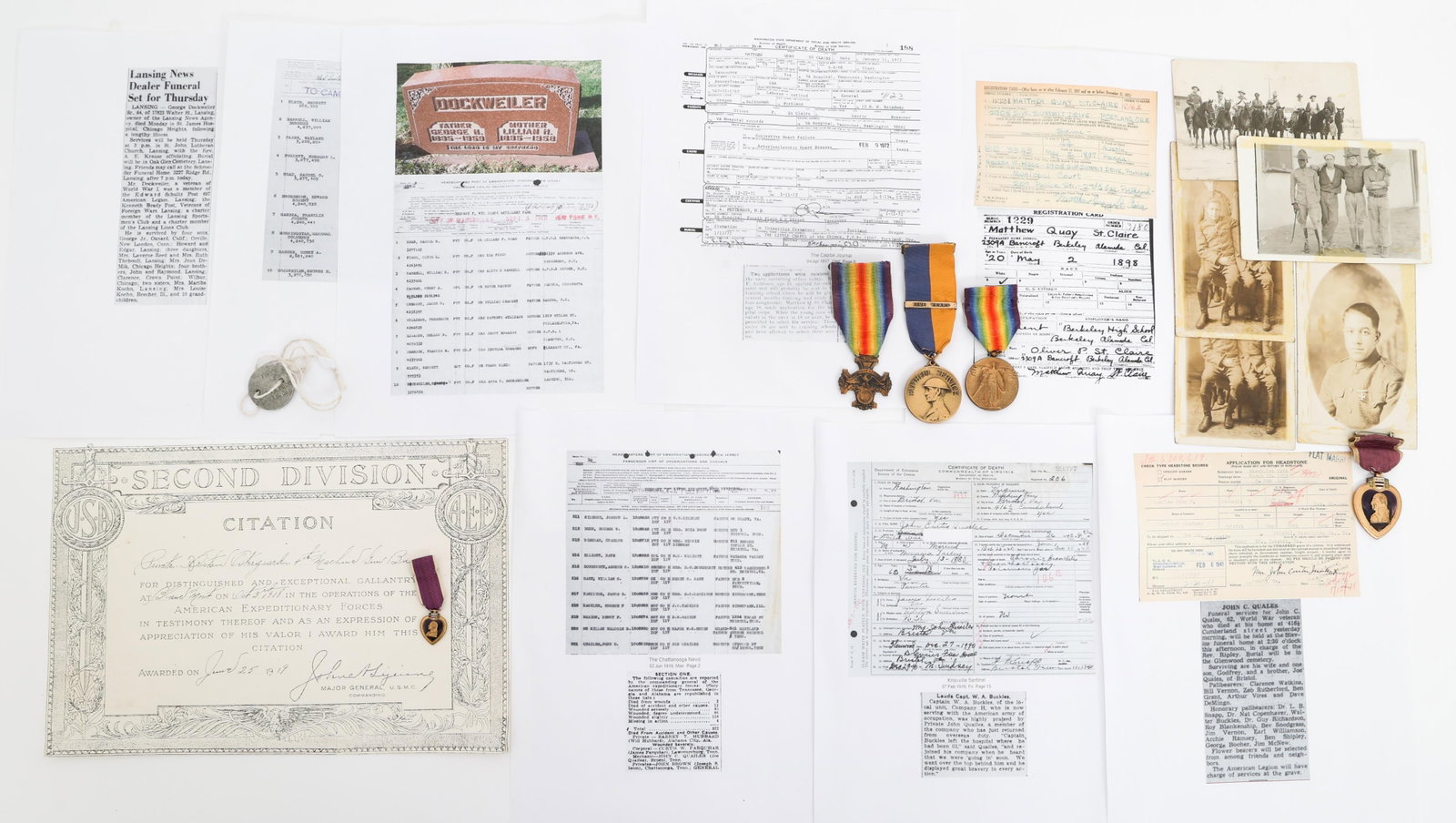 WWI US AEF PURPLE HEART & MEDAL GROUPINGS: WWI US AEF PURPLE HEART & MEDAL GROUPINGS WWI - WWII US AEF Purple Heart, Dog Tag and Medal Groupings. (1) Wrap Brooch Purple Heart. Named to Private John C. Quailes 1308619 of Company H, 117th Infant