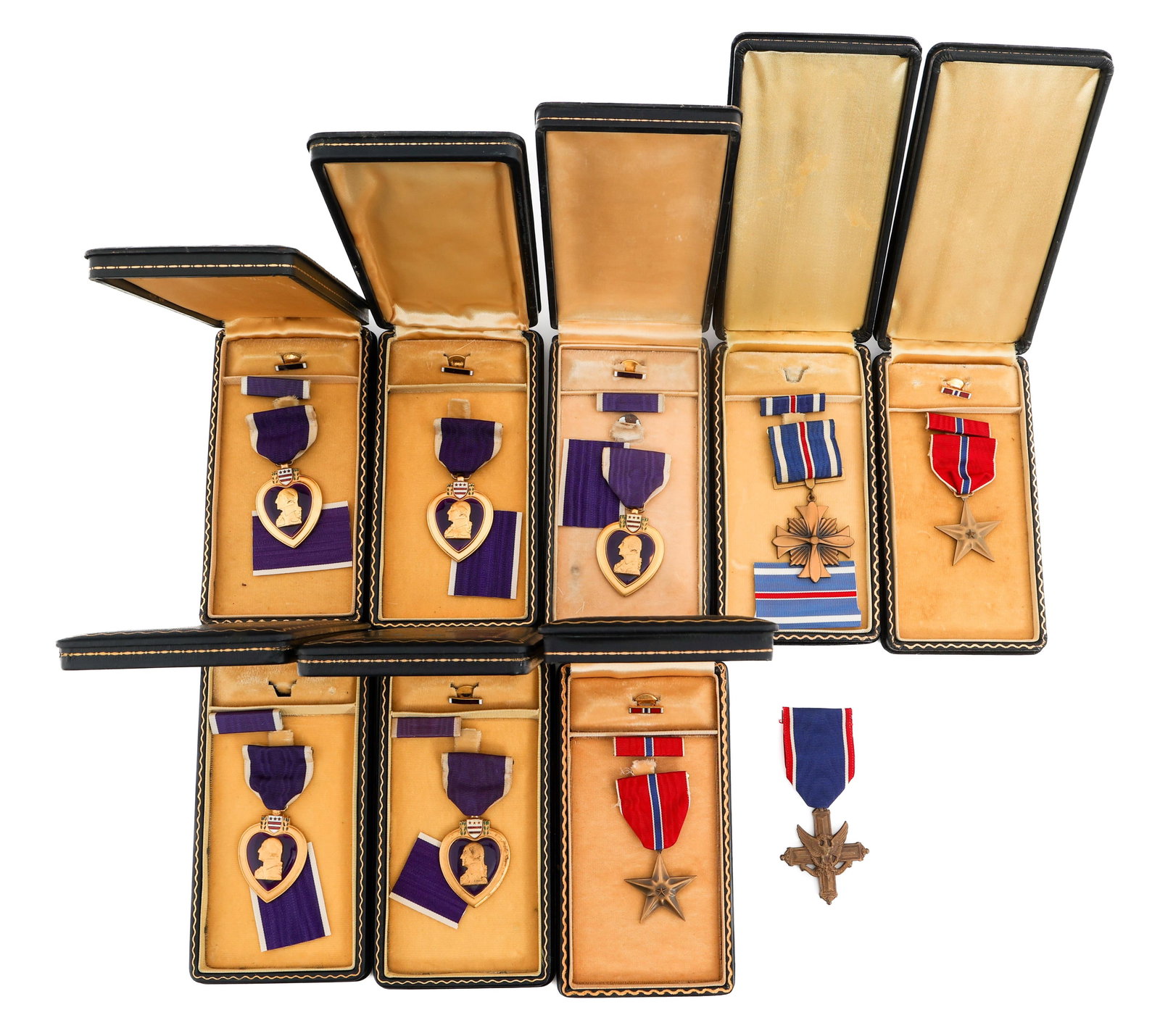 WWII US NUMBERED DSC & PURPLE HEART AND MEDALS: WWII US NUMBERED DSC & PURPLE HEART AND MEDALS WWII US Numbered Distinguished Service Cross, Purple Heart, Bronze Star and Distinguished Flying Cross Medals. (1) Distinguished Service Cross. Wrap broo