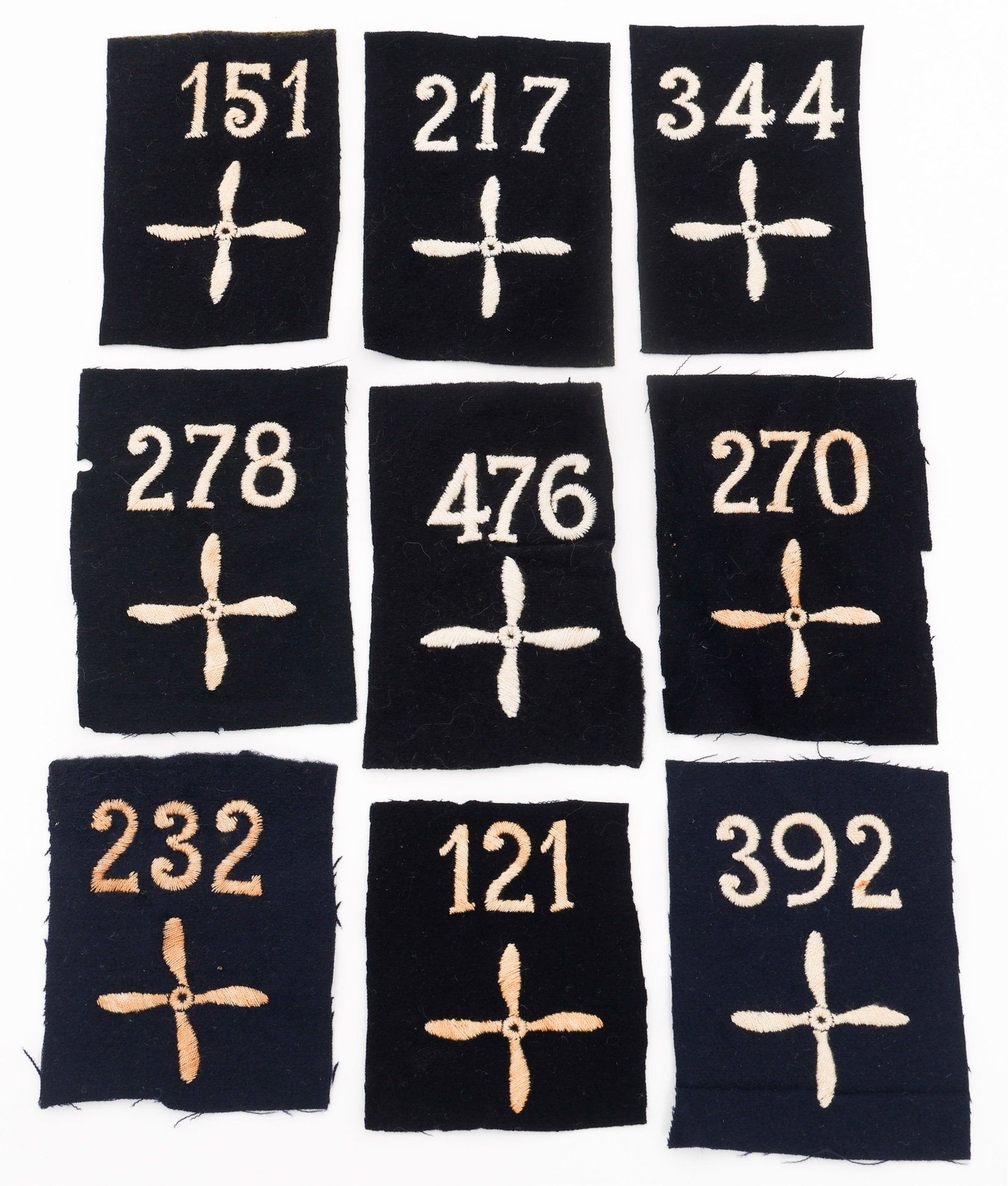 WWI US AIR SERVICE NUMBERED SQUADRON PATCHES: WWI US AIR SERVICE NUMBERED SQUADRON PATCHES Nine WWI US Air Service Numbered Squadron Patches. Embroidered on wool construction.
