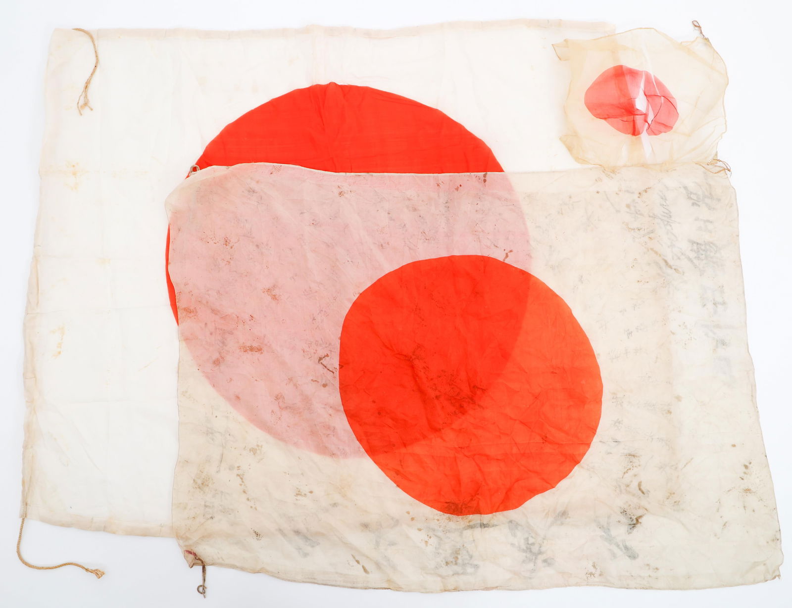 WWII JAPANESE YOSEGAKI HINOMARU & NATIONAL FLAGS: WWII JAPANESE YOSEGAKI HINOMARU & NATIONAL FLAGS WWII Japanese Silk Yosegaki Hinomaru and National Flags. (1) Yosegaki Hinomaru. One-piece silk construction with printed emblem. Hand-signed kanji char