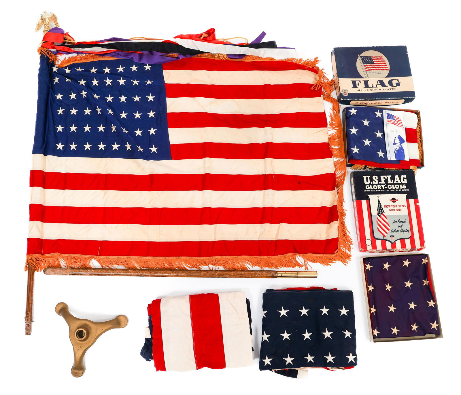 WWII US HOMEFRONT 48 STAR FLAGS: WWII US HOMEFRONT 48 STAR FLAGS US 48 Star Flags. (1) US Flag with 91" wood pole, brass base, and eagle topper. (1) Glory Gloss US Flag with cardboard box. (1) Annin & Co US Flag with cardboard Box. (