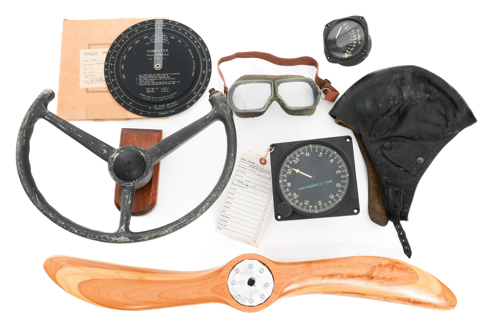 WWII - COLD WAR US AVIATION INSTRUMENTS & HELMET: WWII - COLD WAR US AVIATION INSTRUMENTS & HELMET WWII - Cold War US Aviation Instruments and Helmet. (1) USAF B-36 Bomber Gyro Magnetic Compass. (1) B-29 Bomber Flap Indicator dial. (1) Propeller mode