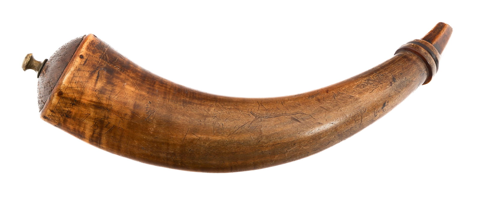 19th C. US SCRIMSHAW POWDER HORN: 19th C. US SCRIMSHAW POWDER HORN 19th Century Scrimshaw Powder Horn. Animal horn with the names A.S. Scott and B.J. Hyatt, "1843", "1854" and a wildlife scene hand carved on the body. No stopper prese