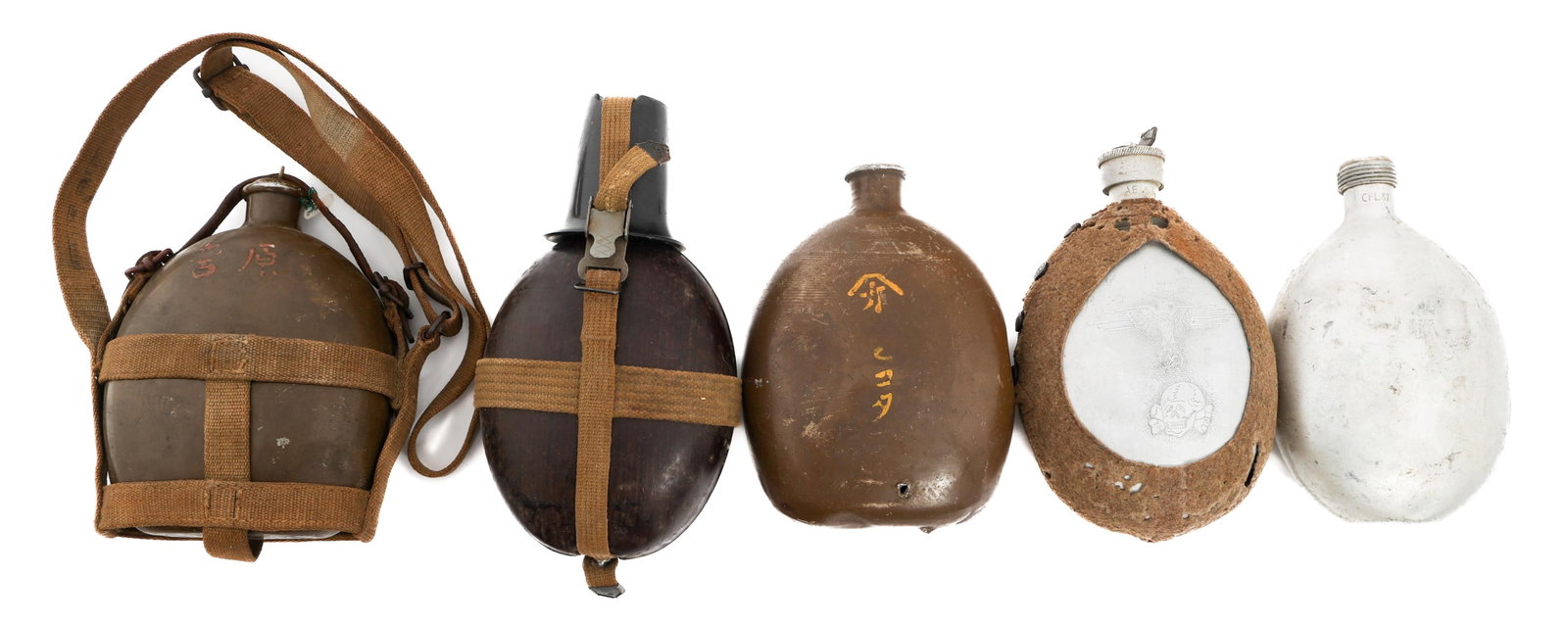 WWII GERMAN M31 & IMPERIAL JAPANESE M1934 CANTEENS: WWII GERMAN M31 & IMPERIAL JAPANESE M1934 CANTEENS WWII German M31 & Imperial Japanese M1934 Canteens. (1) M31 Tropical Canteen with cup and canvas straps. (2) German M31 Canteens. One has a cover and