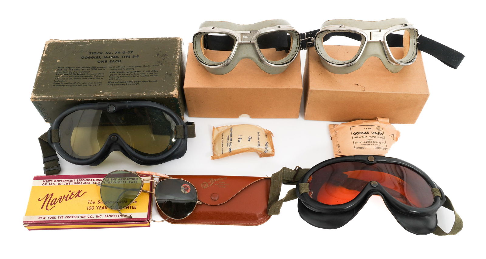 WWII USAAF FLIGHT GOGGLES & AN6531 SUNGLASSES: WWII USAAF FLIGHT GOGGLES & AN6531 SUNGLASSES WWII USAAF Flight Goggles and AN6531 Sunglasses. (1) AN6531 Sunglasses by New York Eye Protection Co. Inc. Includes original leather case and box. (2) AN6