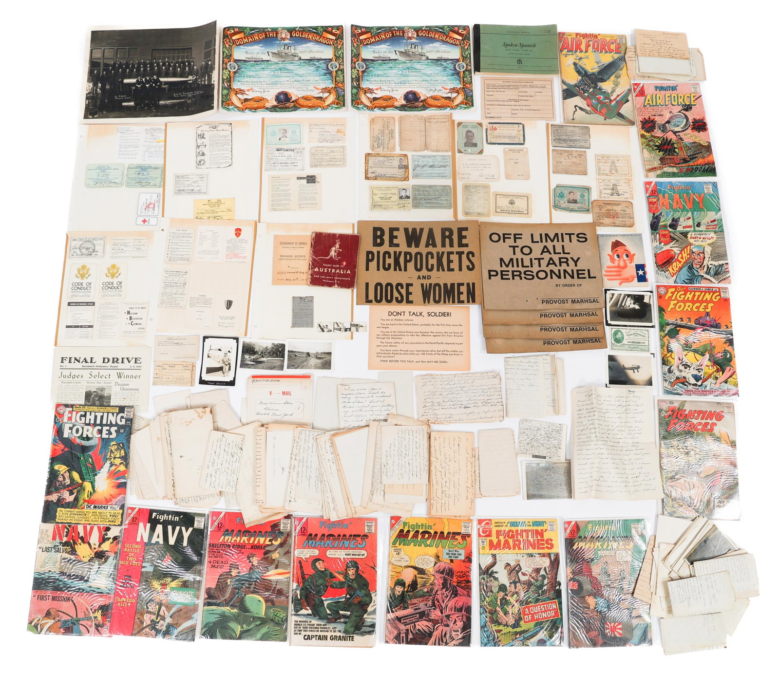 WWII US ARMED FORCES EPHEMERA BONANZA: WWII US ARMED FORCES EPHEMERA BONANZA WWII US Armed Forces Ephemera Bonanza. Includes correspondence, comic books, pocket guide, pamphlets, photographs, cardboard signs, ID cards, and more.