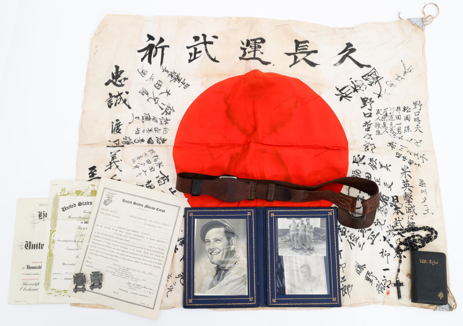 WWII USMC GUADALCANAL VETERAN ATTRIBUTED GROUP: WWII USMC GUADALCANAL VETERAN ATTRIBUTED GROUP WWII US Marine Corps Guadalcanal Veteran Attributed Document, Photo & Flag Grouping. Attributed to Corporal Charles Lark Newsom 296277. Includes silk Jap
