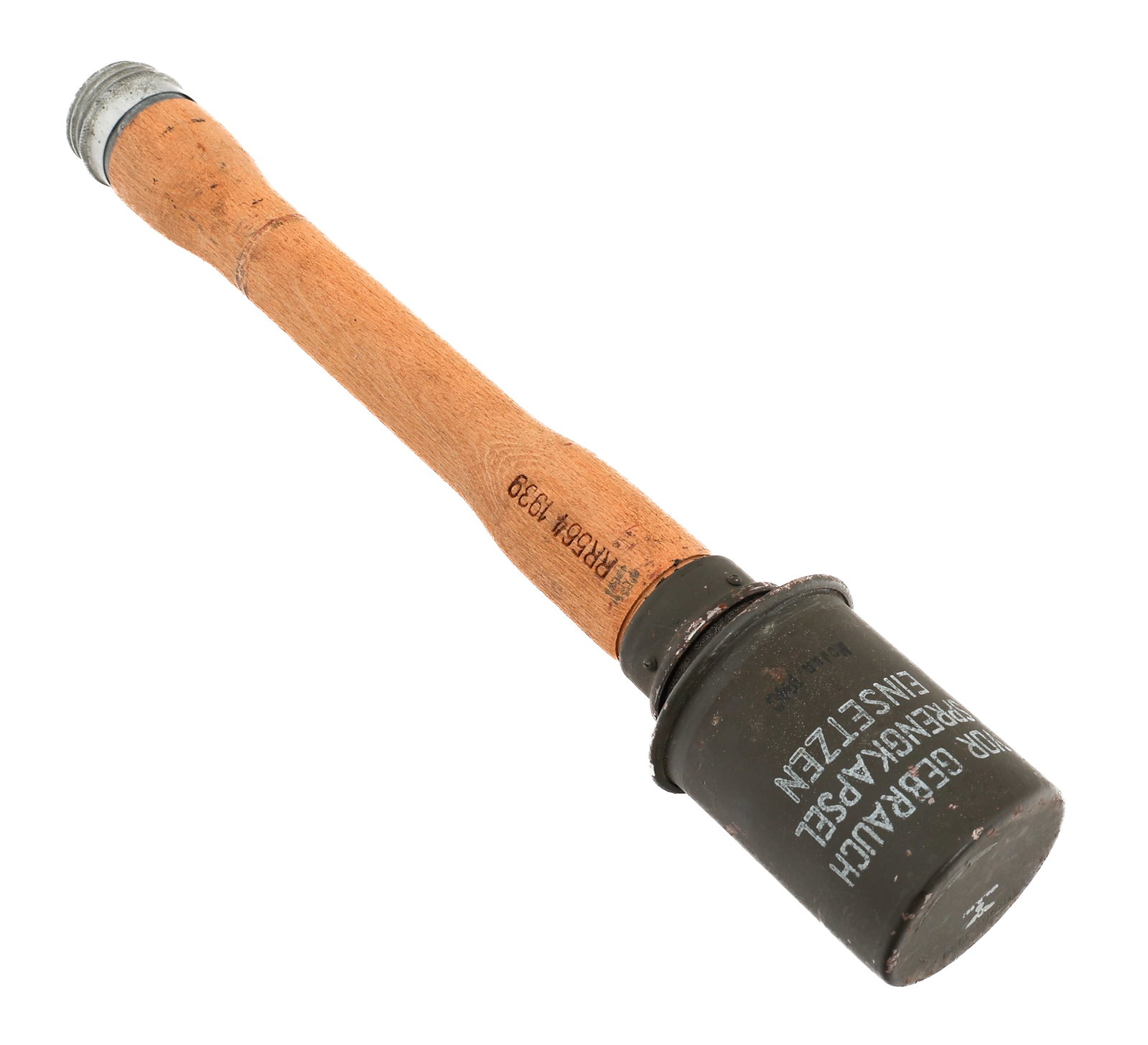 WWII GERMAN M24 STICK GRENADE: WWII GERMAN M24 STICK GRENADE WWII German M24 "Potato Masher" Stick Grenade. Ink stamped "Vor Gebrauch Sprengkapsel Einsetzen" and Mo.Jan 1940" on the shell. Stamped "RR564 1939" on the wooden shaft. 