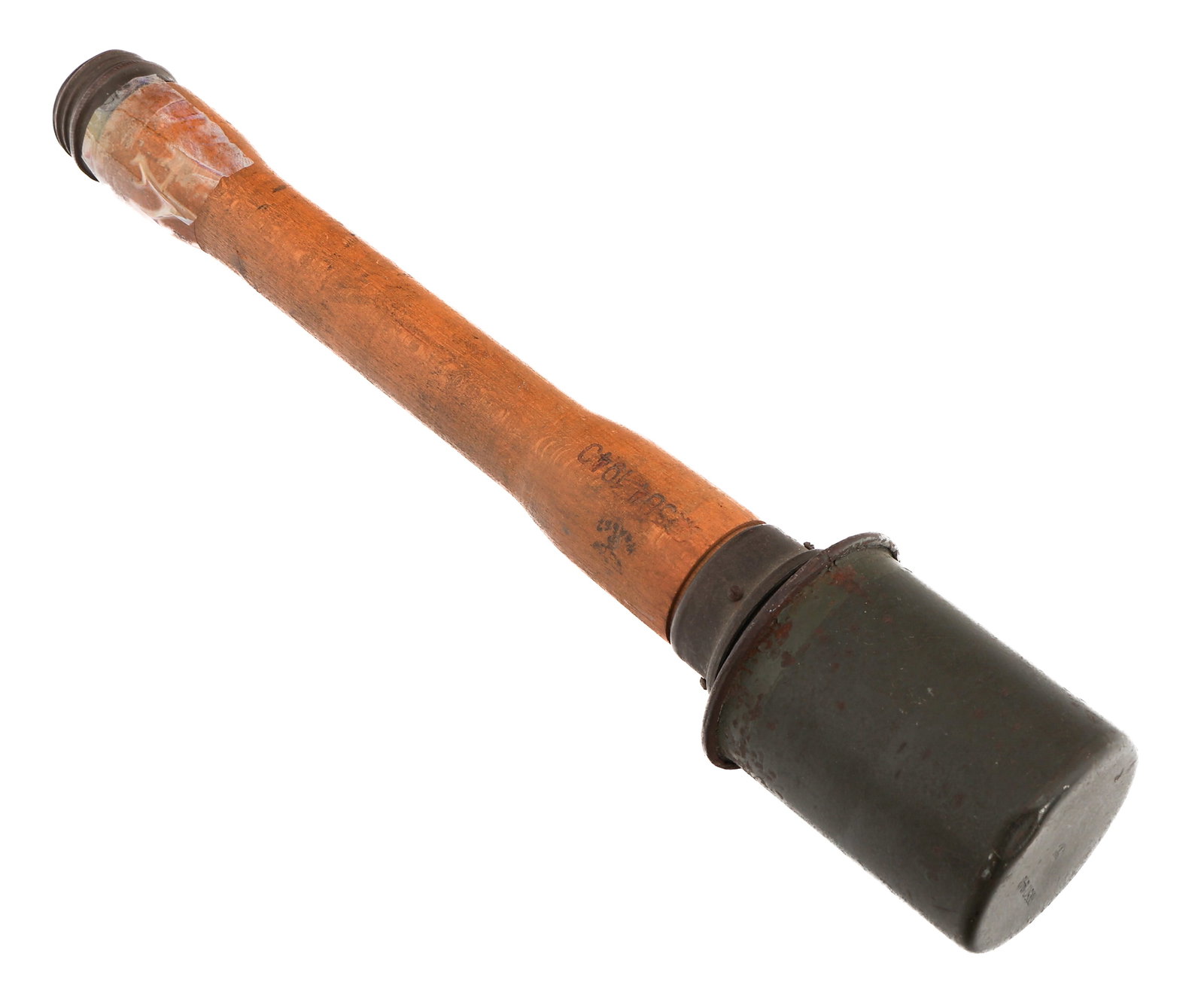 WWII GERMAN M24 STICK GRENADE: WWII GERMAN M24 STICK GRENADE WWII German M24 "Potato Masher" Stick Grenade. Ink stamped "Rdf. 8/1940" over "4" on the shell. Stamped "RR564 1940" on the wooden shaft. Screw cap, pull string and ball 