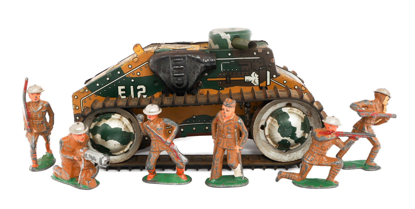 MARX E12 WIND UP TANK & MANOIL LEAD TOY SOLDIERS: MARX E12 WIND UP TANK & MANOIL LEAD TOY SOLDIERS Marx E12 Wind Up Tin Tank and Barclay Manoil Lead Soldier Figurines. (1) Marx E12 Wind Up Toy Tank. Painted tin. No key. Size: 10" x 5" x 5 1/2". (1) B