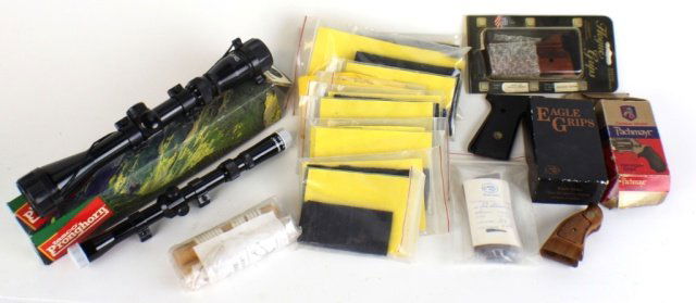 PISTOL GRIPS, SCOPES AND KNIFE SHEATHS: PISTOL GRIPS, SCOPES AND KNIFE SHEATHS 6 pistol grips including: Browning, Smith & Wesson, Hogue, Pachmayr and Eagle brands. Two scopes: Tasco Pronghorn 3-9 x 40mm and a Tasco 3-7 x 20mm. 8 Bagmaster