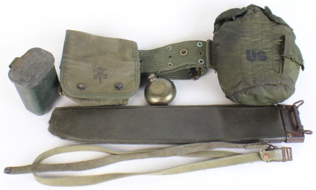 MIXED MILITARY EQUIPMENT LOT: MIXED MILITARY EQUIPMENT LOT Military items include: water canteen insulated in carrying bag, machete sheath marked 1945, Corpsman's belt and first aid kit, a double side Russian flask, two straps and