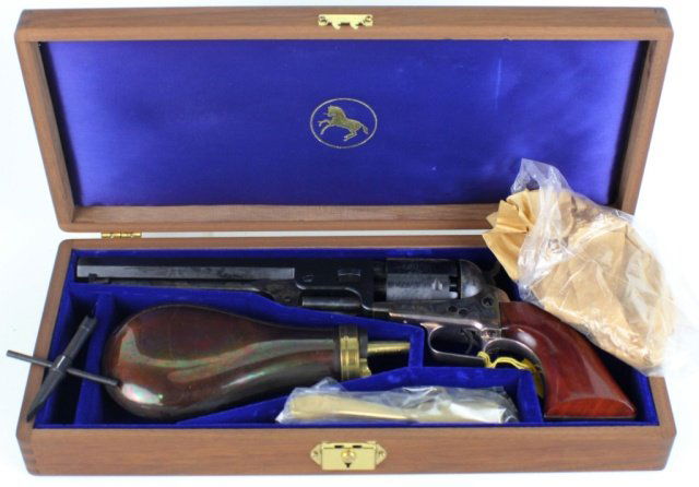 COLT M1851 NAVY PERCUSSION REVOLVER: COLT M1851 NAVY PERCUSSION REVOLVER Blackpowder Series Colt M1851 Navy Percussion Revolver with original box, papers, display case, powder flask, bullet mold and tools. Six shot .36 Cal cylinder has b