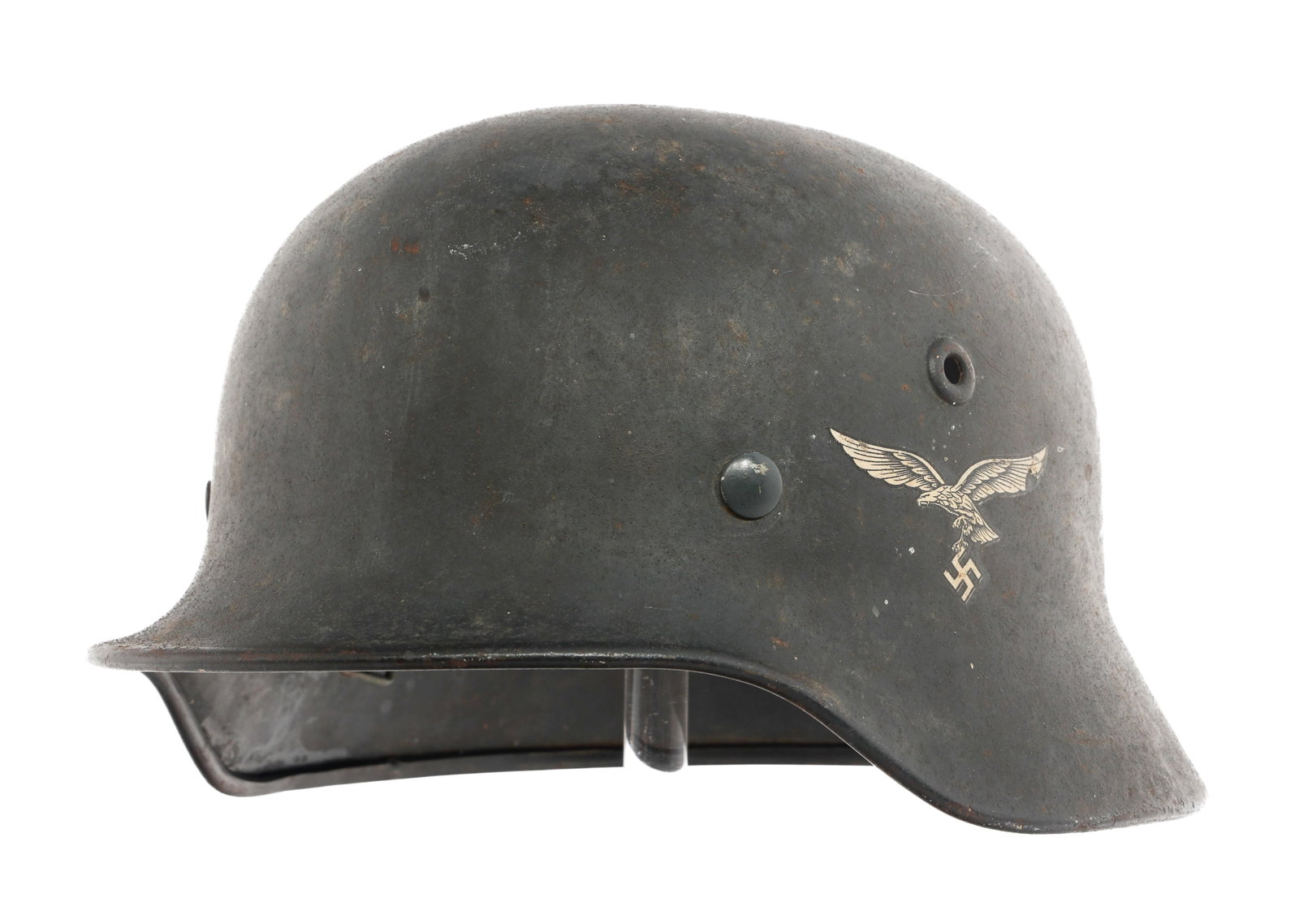 WWII GERMAN LUFTWAFFE SD M40 COMBAT HELMET SHELL: WWII GERMAN LUFTWAFFE SD M40 COMBAT HELMET SHELL WWII German Luftwaffe SD M40 Combat Helmet Shell. Luftwaffe Eagle decal on the left side. Maker mark of Q66 and serial number T1482 stamped near the ri