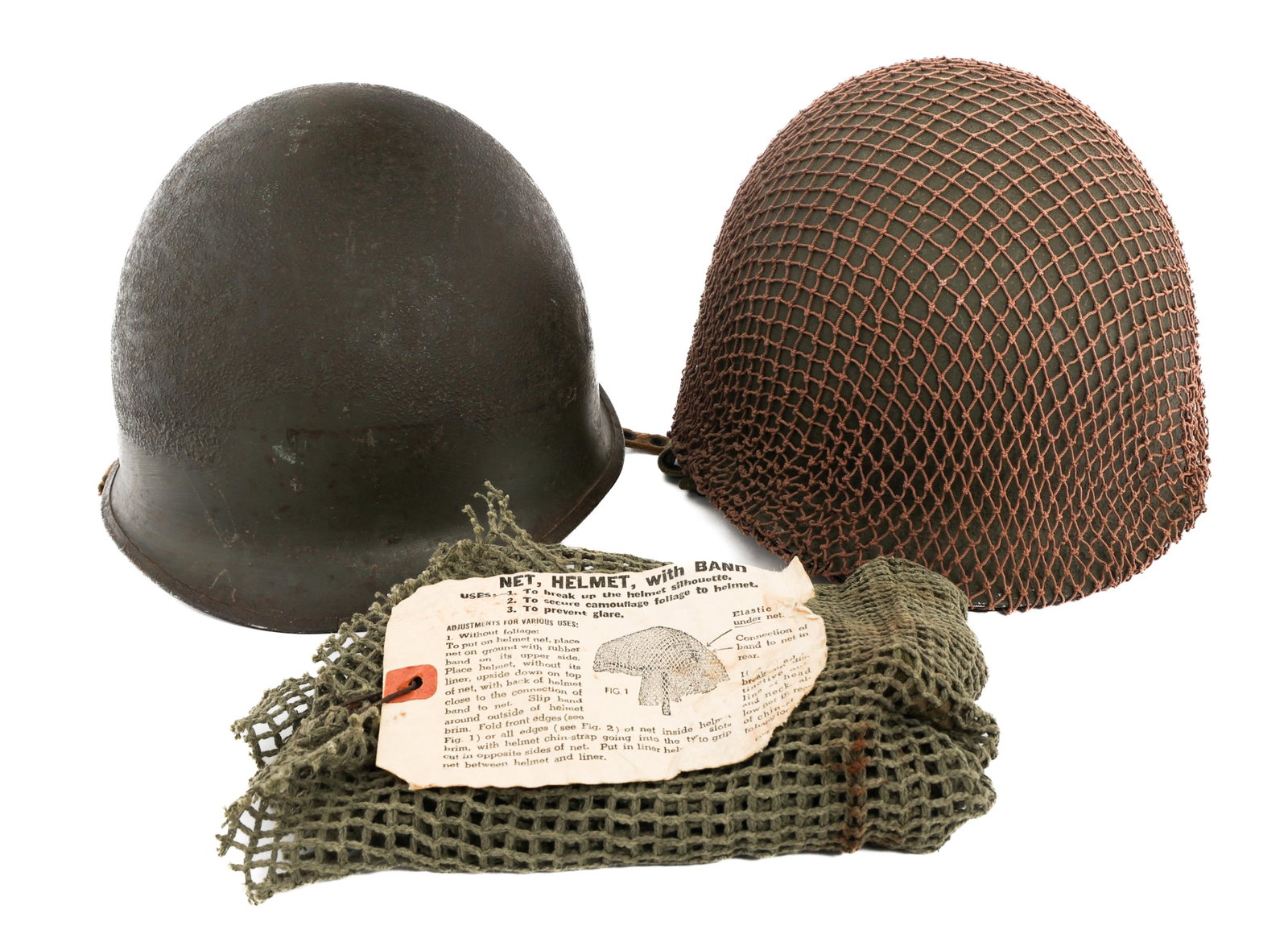KOREAN WAR US PARATROOPER M1C HELMETS: KOREAN WAR US PARATROOPER M1C HELMETS Korean War US Armed Forces Paratrooper M1C Helmets. (1) M1C Helmet. Camouflage netting on the outer shell. Front seam, swivel bale late 1944 production shell with