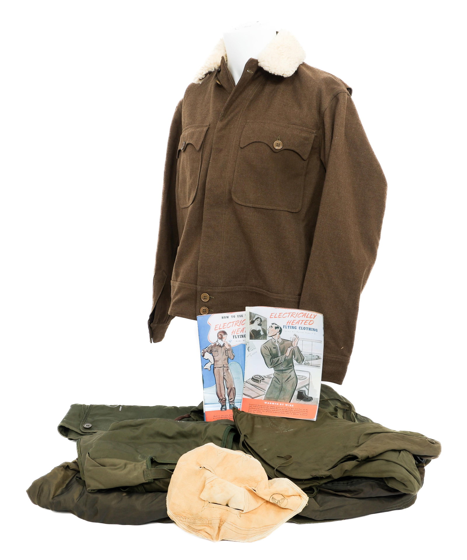 WWII USAAF TYPE - 3A ELECTRIC HEATED SUIT & GEAR: WWII USAAF TYPE - 3A ELECTRIC HEATED SUIT & GEAR WWII USAAF Electrically Heated Flight Clothing. (1) Type F-3A Trousers. (1) Type F-3A Jacket. (4) Type Q-1 Shoe Inserts. (1) Type F-2 Outer Jacket. (1)