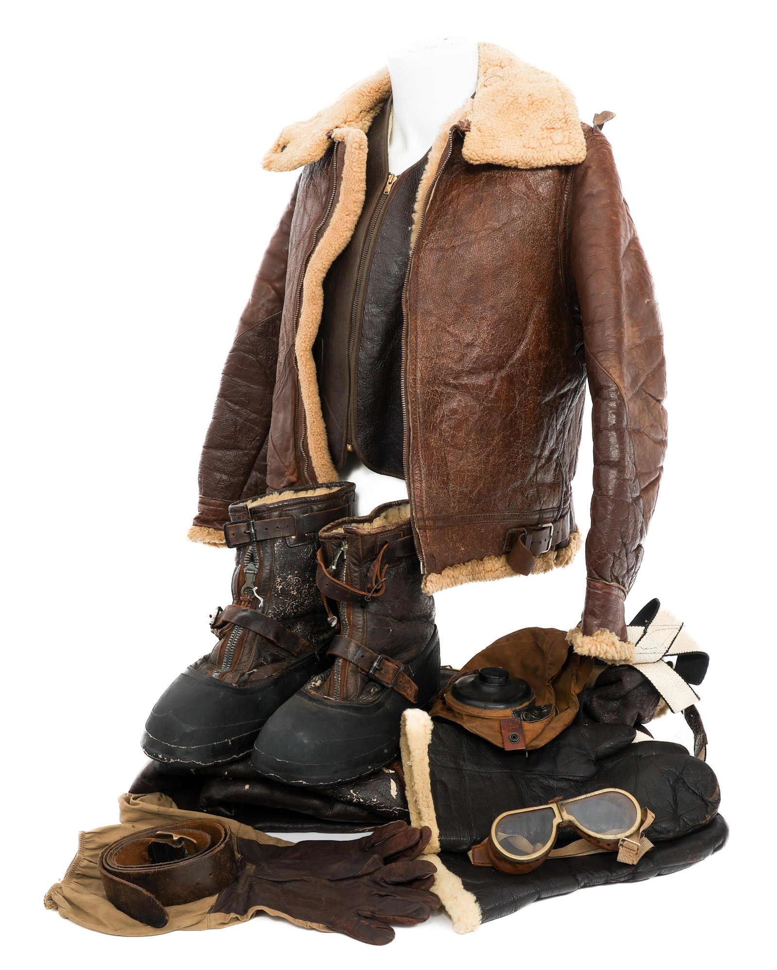 WWII USAAF TYPE B-3 JACKET & COLD WEATHER GEAR: WWII USAAF TYPE B-3 JACKET & COLD WEATHER GEAR WWII USAAF Type B-3 Winter Jacket and Cold Weather Flight Gear. (1) Type B-3 Jacket. No zipper present. Size: 40. (1) Type A-5 Flying Pants. Conmar zippe