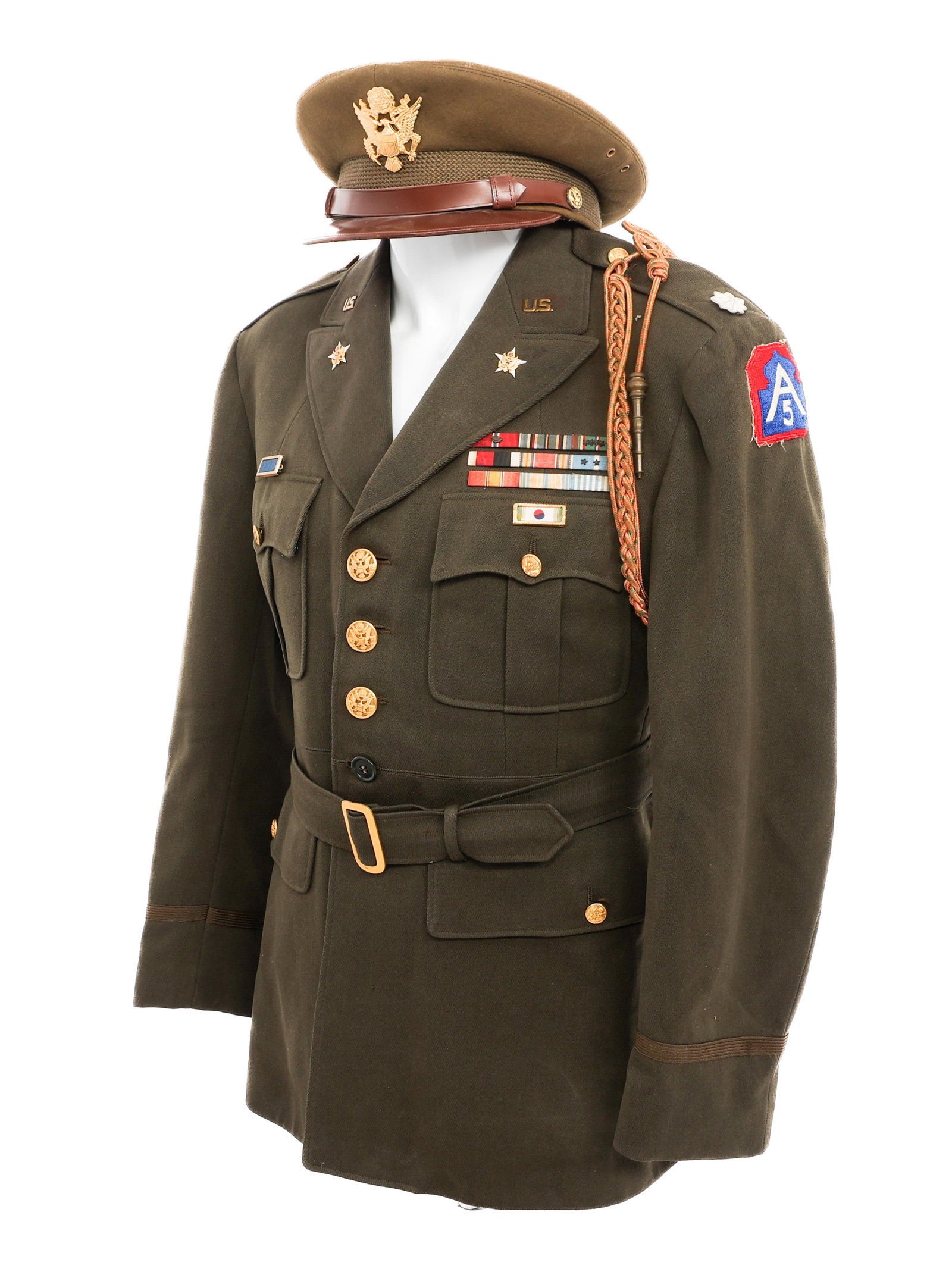 WWII - KOREAN WAR US NAMED 5th ARMY STAFF TUNIC: WWII - KOREAN WAR US NAMED 5th ARMY STAFF TUNIC WWII - Korean War US Army 5th Army General Staff Officer Uniform and Visor Cap. Named to Lt. Col. John P. Bernhardt 1180410. OD elastique tunic with Lie