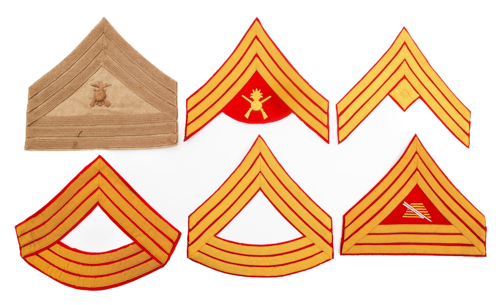 LATE 19TH C. - EARLY 20TH C. USMC NCO RANK PATCHES: LATE 19TH C. - EARLY 20TH C. USMC NCO RANK PATCHES Late 19th C. to Early 20th C. US Marine Corps NCO Rank Patches. (1) Field Service Khaki Gunnery Sergeant. (1) 1904 Regulation Gunnery Sergeant. (1) F