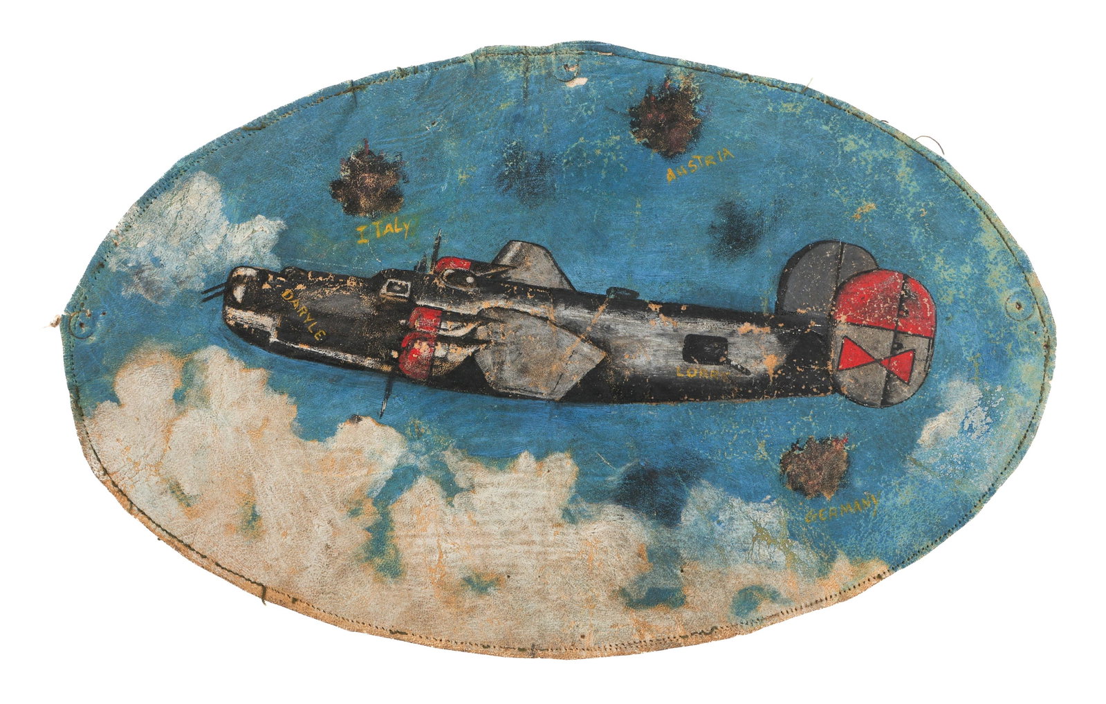 WWII USAAF 484th BG FLIGHT JACKET LEATHER PATCH: WWII USAAF 484th BG FLIGHT JACKET LEATHER PATCH WWII USAAF 484th Bomb Group Flight Jacket Leather Patch. Hand painted and stitched on leather. Size: 8" x 13" Provenance: Lifetime Military Memorabilia 