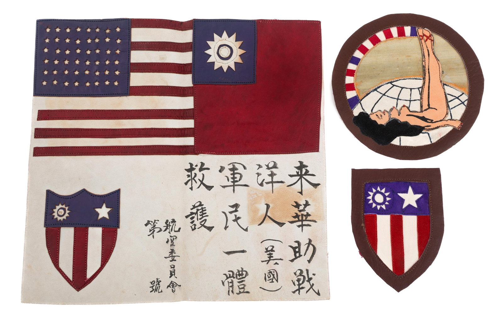 WWII USAAF CBI THEATER MADE BLOOD CHIT & PATCHES: WWII USAAF CBI THEATER MADE BLOOD CHIT & PATCHES WWII USAAF Theater Made CBI Blood Chit, Air Transport Command and CBI Patches. (1) Blood Chit. Multi-piece dyed leather construction with painted Chine
