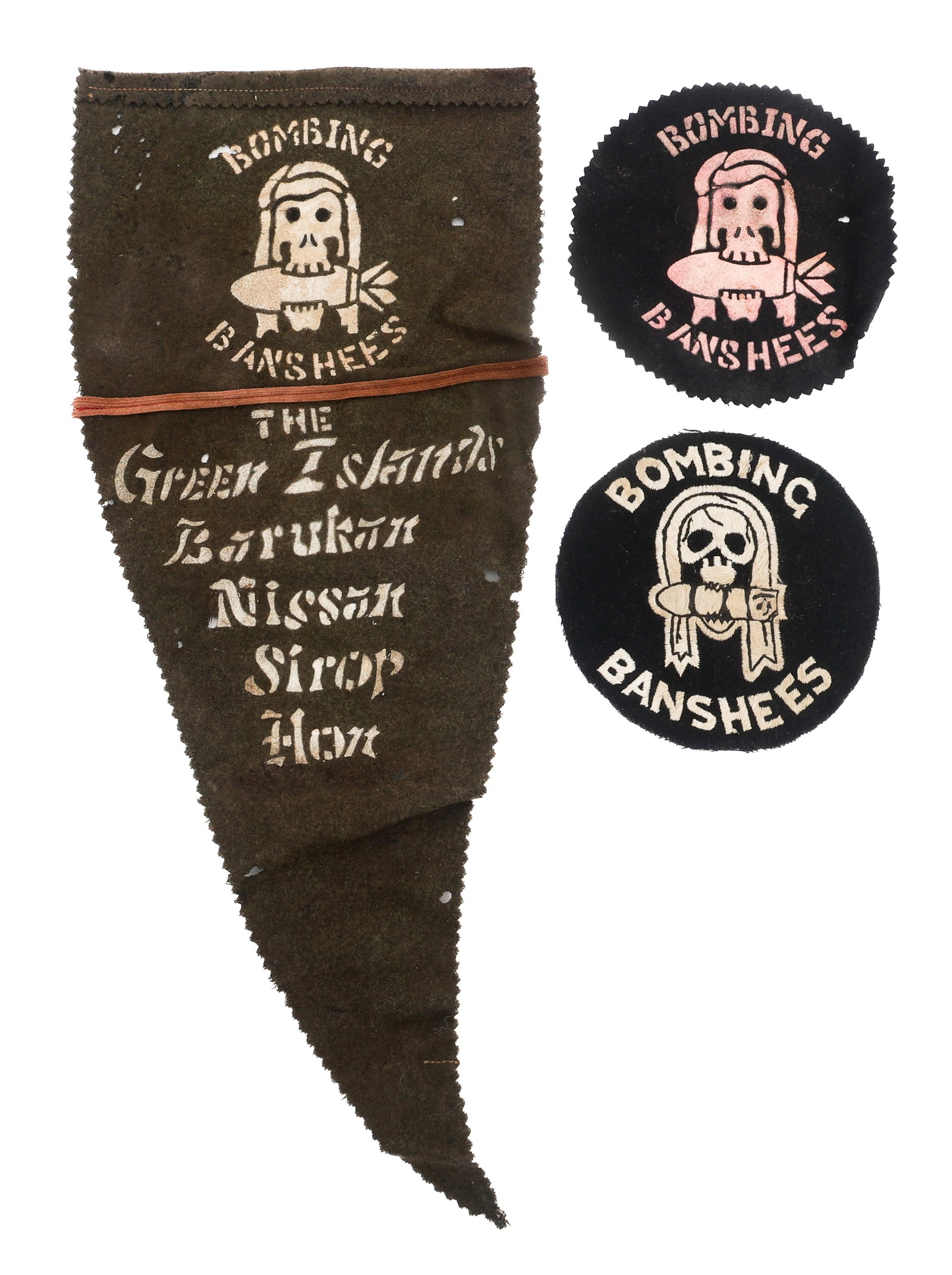 WWII USMC SCOUT BOMBING SQUADRON VMSB-244 PATCHES: WWII USMC SCOUT BOMBING SQUADRON VMSB-244 PATCHES WWII US Marine Corps Scout Bombing Squadron VMSB-244 "Bombing Banshees" Theater Made Patches & Pennant Flag. (1) Stencil Painted on Wool Patch. Diamet
