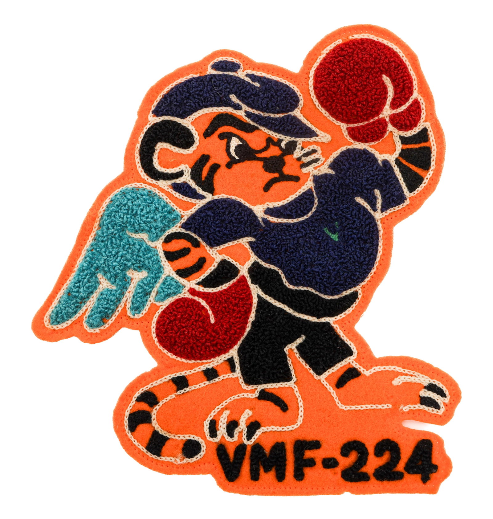 WWII USMC VMF-224 FIGHTER SQUADRON PATCH: WWII USMC VMF-224 FIGHTER SQUADRON PATCH WWII USMC VMF-224 Fighter Squadron Patch. Chenille wool/felt construction. Size: 6 3/8" x 5 3/4" Provenance: Lifetime Military Memorabilia & Arms Collection of