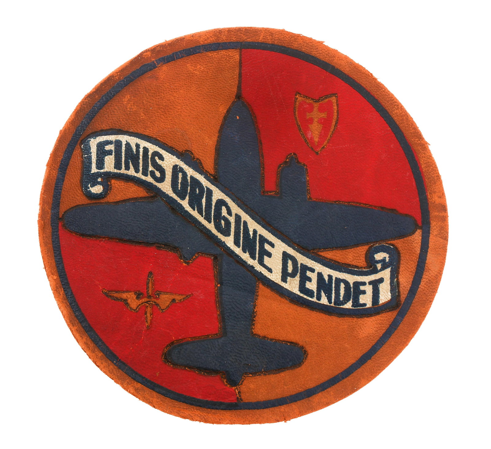 WWII USAAF 320th BG, 441st BS LEATHER PATCH: WWII USAAF 320th BG, 441st BS LEATHER PATCH WWII USAAF 320th Bomb Group, 441st Bomb Squad Leather Patch. Single piece leather construction with stamped and painted decal. Size: 5 1/2" Provenance: Life