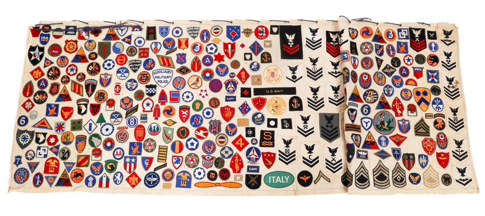 WWII US ARMY, NAVY & MARINE CORPS PATCH BANNER: WWII US ARMY, NAVY & MARINE CORPS PATCH BANNER WWII US Army, Navy and Marine Corps Patch Banner. Includes 101st Airborne White Tongue, 5" 701st Bombardment Squadron, Tank Destroyer, FSSF, USAAF, Bulli