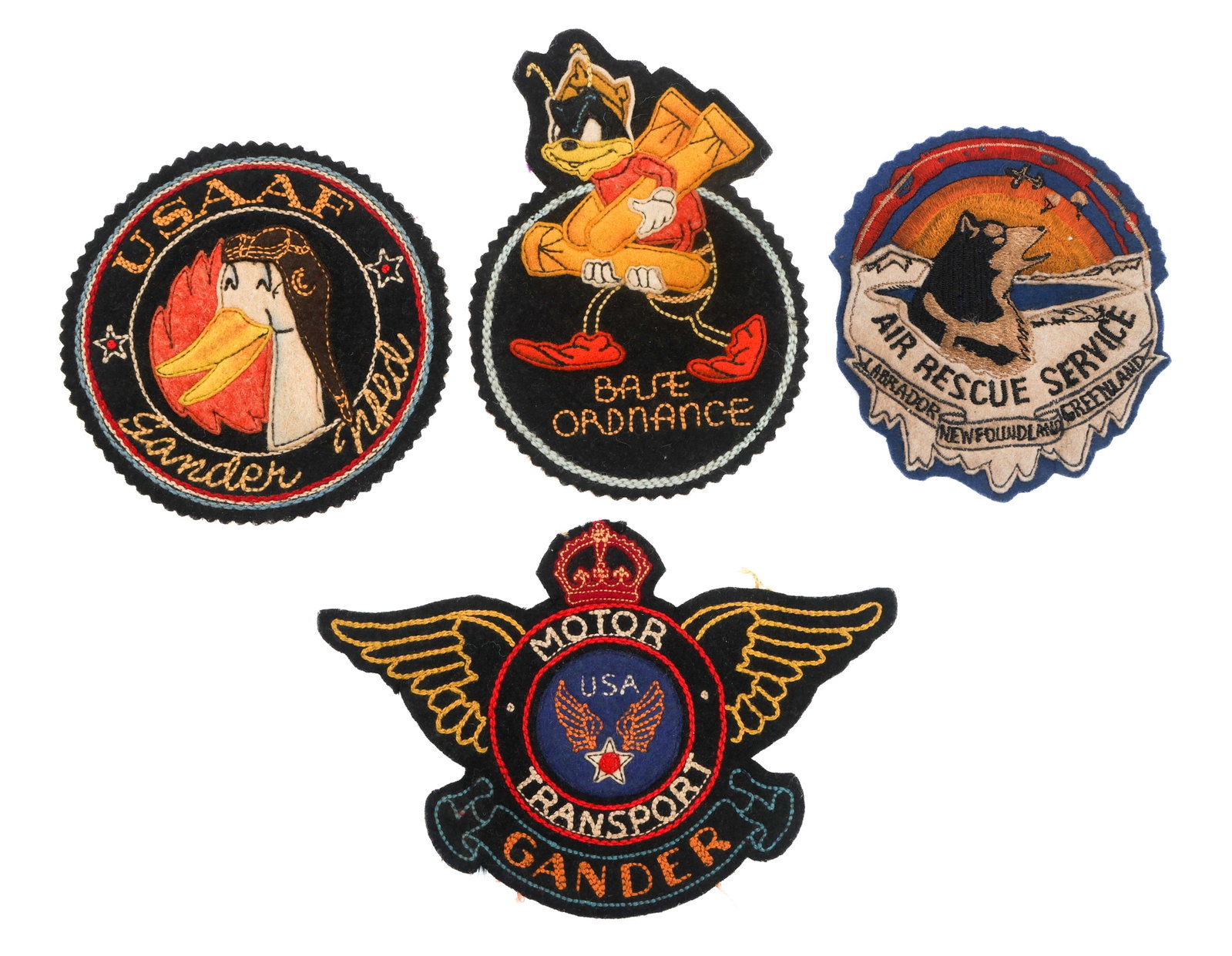 WWII USAAF GANDER FIELD NEWFOUNDLAND BASE PATCHES: WWII USAAF GANDER FIELD NEWFOUNDLAND BASE PATCHES WWII USAAF Gander Field, Newfoundland Base Patches. (1) Base Ordnance. Multi-piece felt with cotton stitching. Maker marked by Crest Craft Saskatoon, 