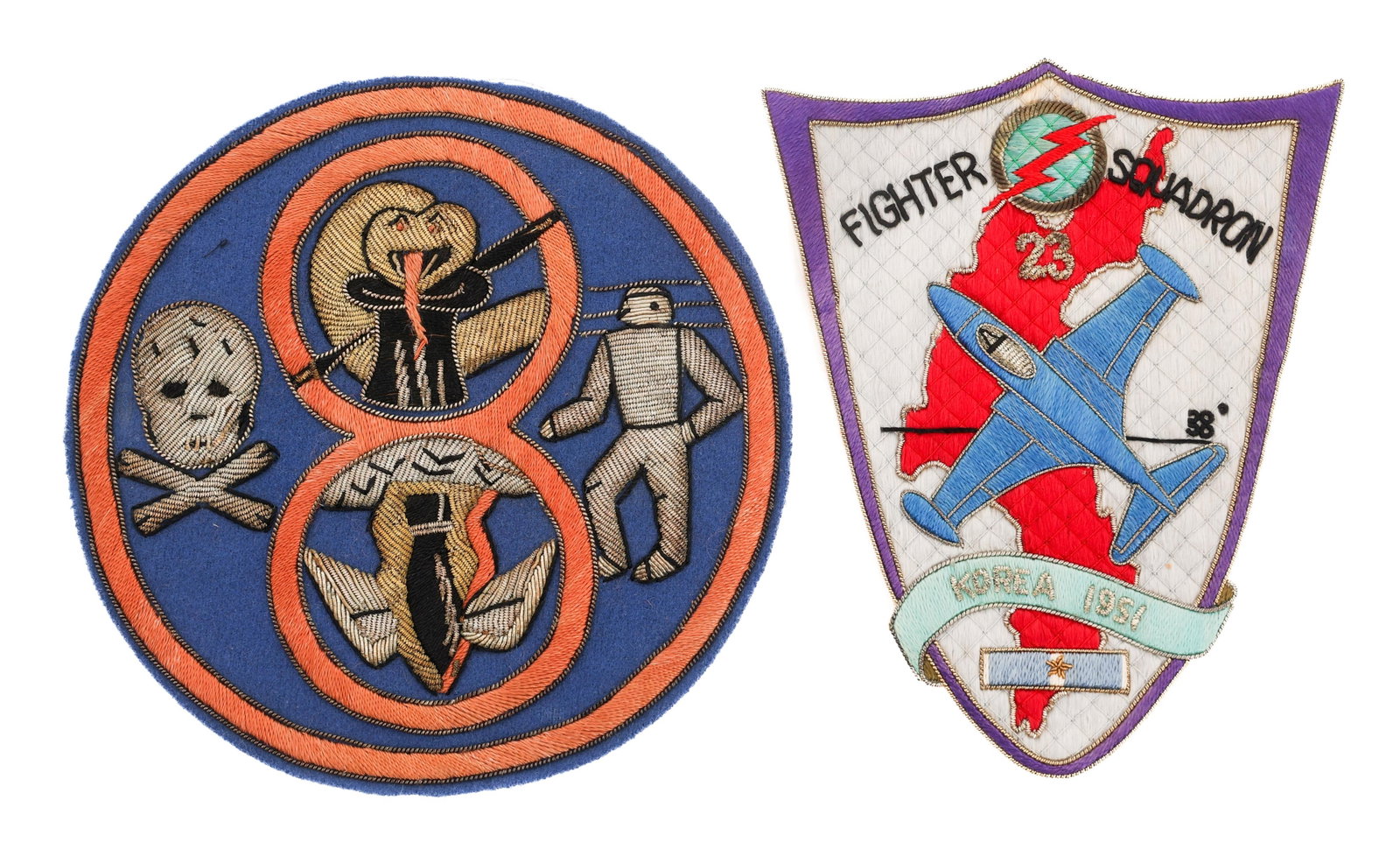 KOREAN WAR USN VF-23 & CVG-8 THEATER MADE PATCHES: KOREAN WAR USN VF-23 & CVG-8 THEATER MADE PATCHES Korean War US Navy Fighter Squadron 23 and Carrier Air Group 8 Theater Made Patches. (1) VF-23. Cotton and bullion embroidery on quilted cotton. Bulli