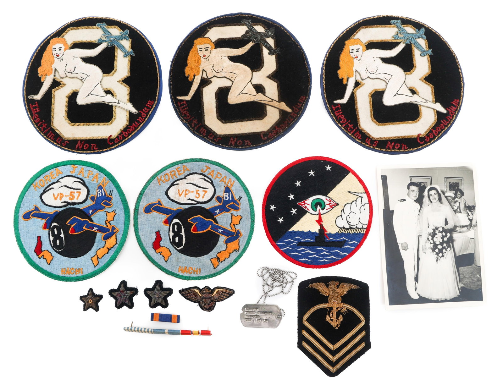 KOREAN WAR US NAVY VP-57 ATTRIBUTED GROUPING: KOREAN WAR US NAVY VP-57 ATTRIBUTED GROUPING Korean War US Navy Patrol Squadron 57 Patch & Insignia Grouping. Attributed to Lieutenant Junior Grade William Hanson. (6) VP-57 Jacket Patches. Includes e