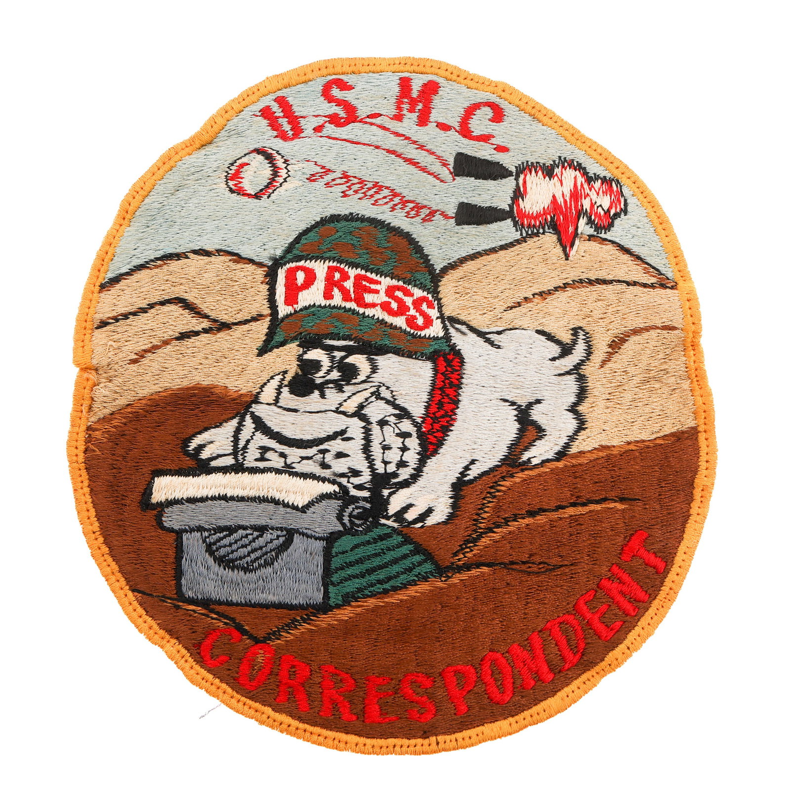 KOREAN WAR USMC PRESS CORRESPONDENT PATCH: KOREAN WAR USMC PRESS CORRESPONDENT PATCH Korean War USMC Press Correspondent Patch. Full embroidery construction. Size: 6 1/2" x 6" Provenance: Lifetime Military Memorabilia & Arms Collection of Pete