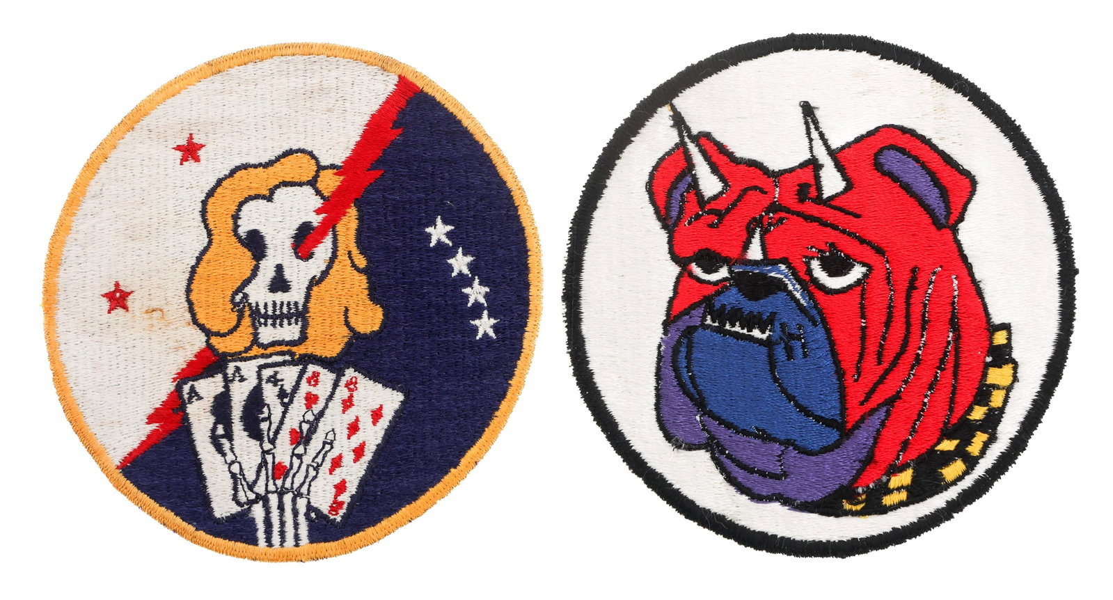 KOREAN WAR USMC VMF-111 & VMF-114 SQUADRON PATCHES: KOREAN WAR USMC VMF-111 & VMF-114 SQUADRON PATCHES Korean War USMC Fighter Squadrons VMF-111 & VMF-114(N) Pocket Patches. (1) VMF-111 "Devil Dogs". Embroidered cotton construction. Diameter: 5". (1) V