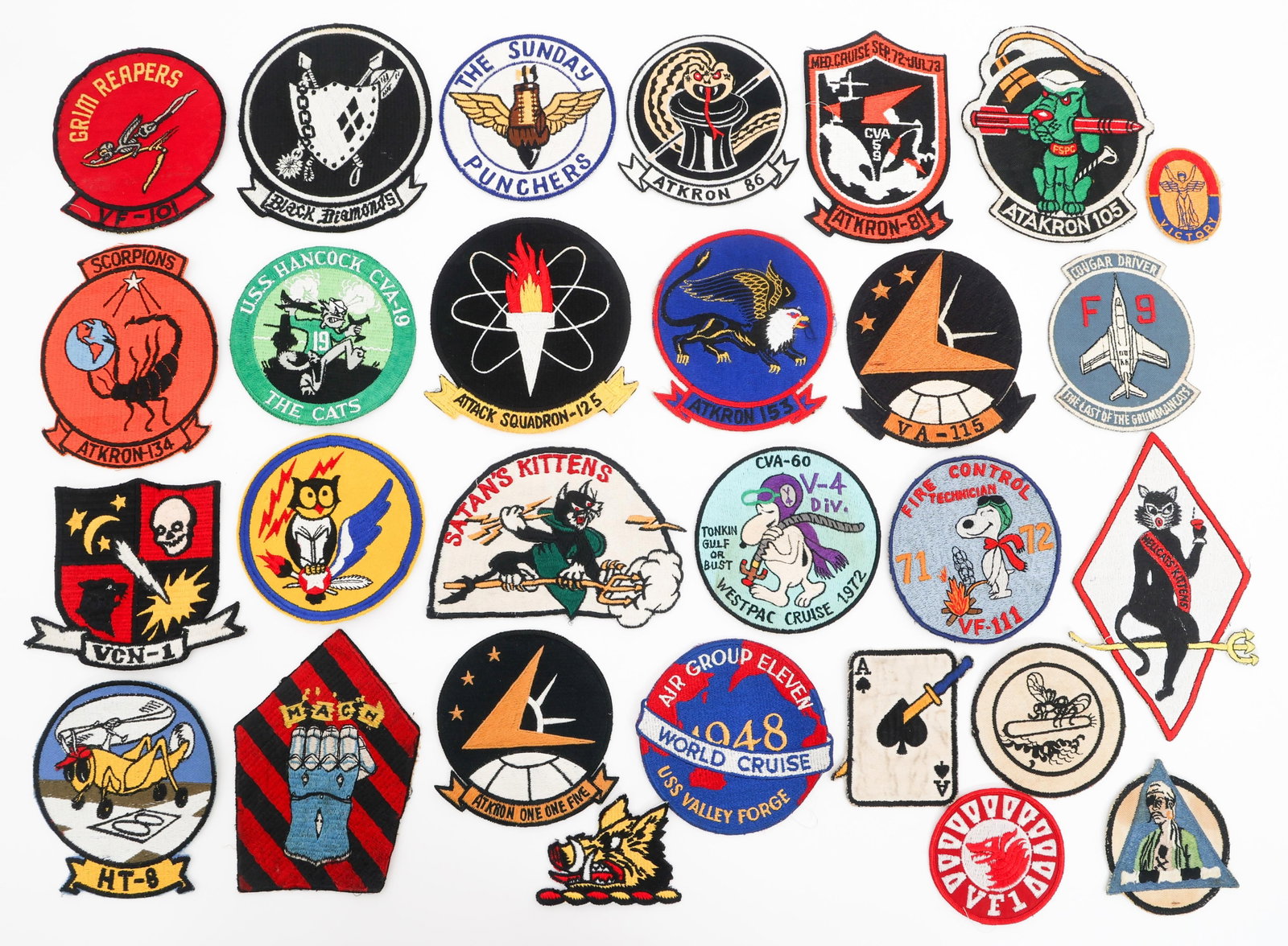 COLD WAR US NAVY SQUADRON & SHIP PATCHES: COLD WAR US NAVY SQUADRON & SHIP PATCHES 28 Cold War US Navy Squadron and Ship Patches. Includes Atkron-134, VF-101, VCN-1, VF-111, CVA-60, Atkron-86 and more. Provenance: Lifetime Military Memorabili