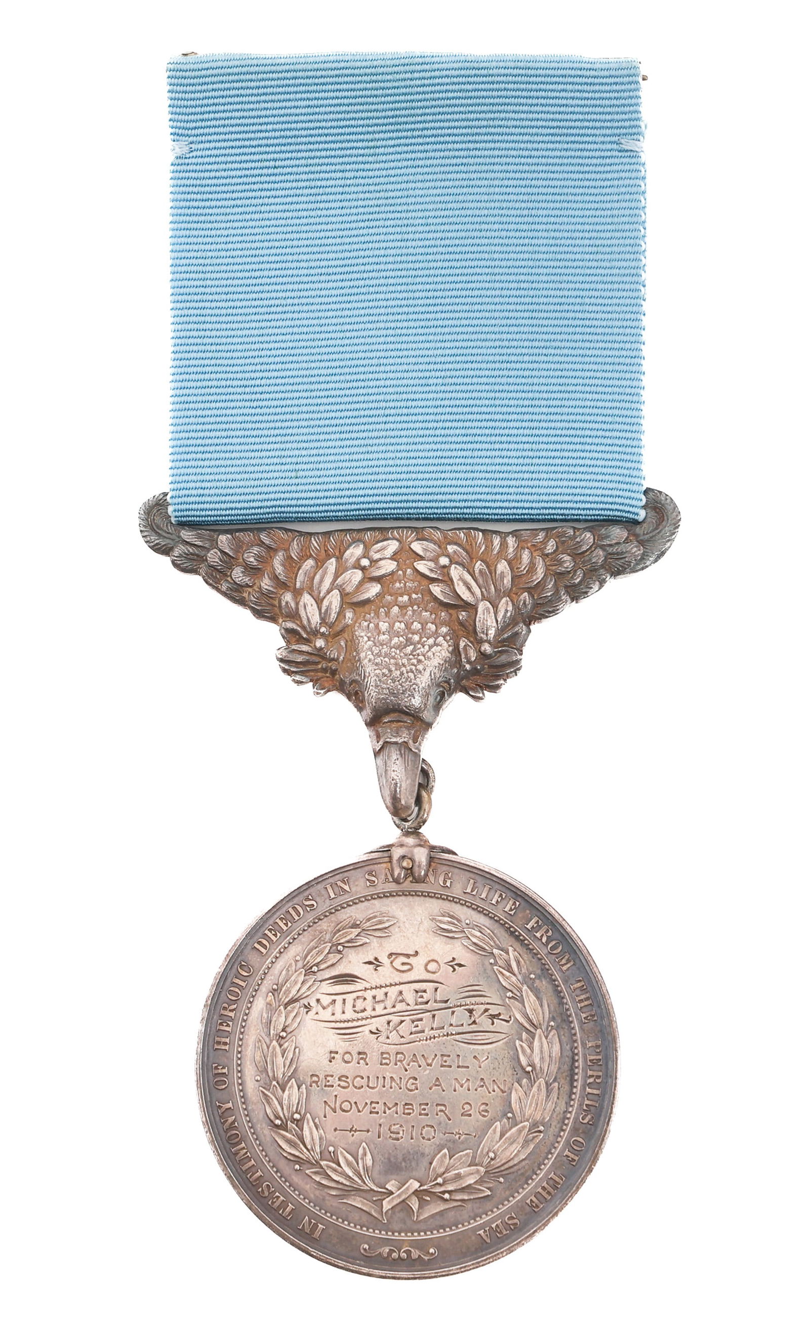 1910 US TREASURY DEPT SILVER LIFE SAVING MEDAL: 1910 US TREASURY DEPT SILVER LIFE SAVING MEDAL 1910 US Treasury Department Silver Life Saving Medal. Awarded to Michael Kelly "For Bravely Rescuing a Man". Dated November 26th, 1910. Weight: 89 grams