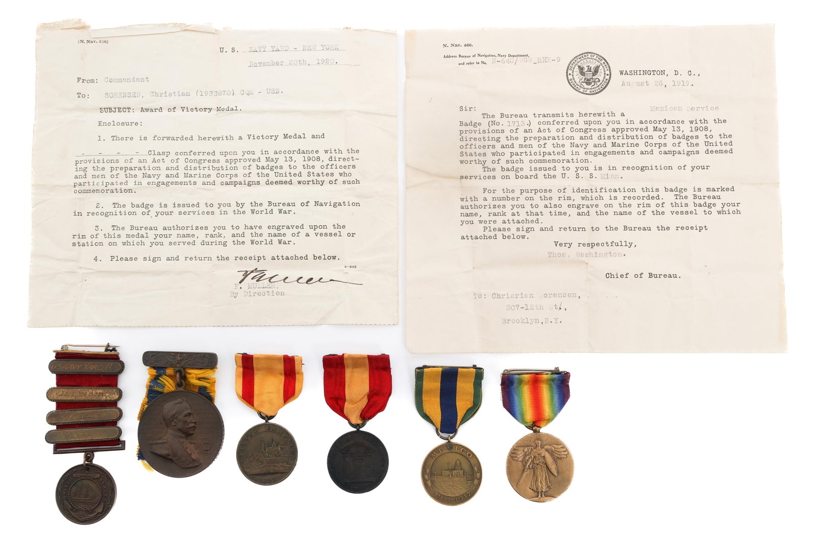 SPAN-AM WAR USN NAMED DEWEY & CAMPAIGN MEDALS: SPAN-AM WAR USN NAMED DEWEY & CAMPAIGN MEDALS Spanish - American War - WWI US Navy Dewey, Service and Campaign Medals. Named to Christian Sorensen. (1) Dewey Medal. "Christian Sorensen. Quartermaster.