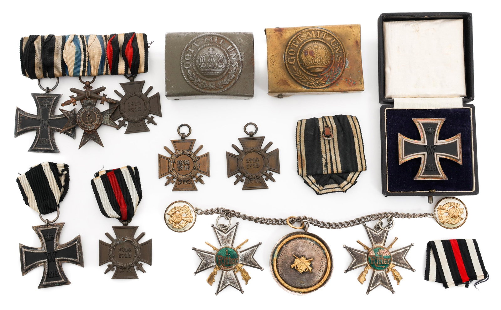 WWI IMPERIAL GERMAN IRON CROSS 1st CLASS & MEDALS: WWI IMPERIAL GERMAN IRON CROSS 1st CLASS & MEDALS WWI Imperial German Iron Cross 1st Class, Medals, & Belt Buckles. (1) Iron Cross 1st Class with Box. Maker marked by K.A.G. (1) Bavarian Military Meri