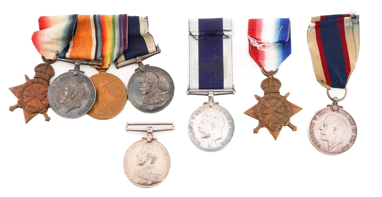 WWI BRITISH SERVICE & CONDUCT MEDALS: WWI BRITISH SERVICE & CONDUCT MEDALS WWI British Service and Conduct Medals. Some rims are engraved. (2)1914 Star Medal. (2) Navy Long Service and Good Conduct Medal. (2) Navy Reserve Long Service and