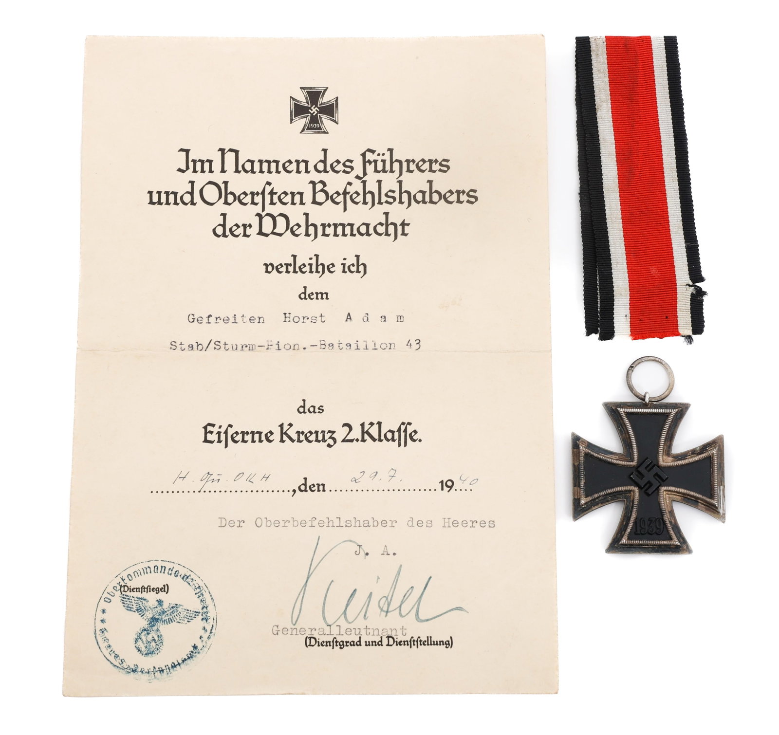 WWII GERMAN IRON CROSS 2nd CLASS with CERTIFICATE: WWII GERMAN IRON CROSS 2nd CLASS with CERTIFICATE WWII German Iron Cross 2nd Class with Award Certificate. Named to Gefreiter Adam Horst of the 43rd Assault Pioneer Battalion.