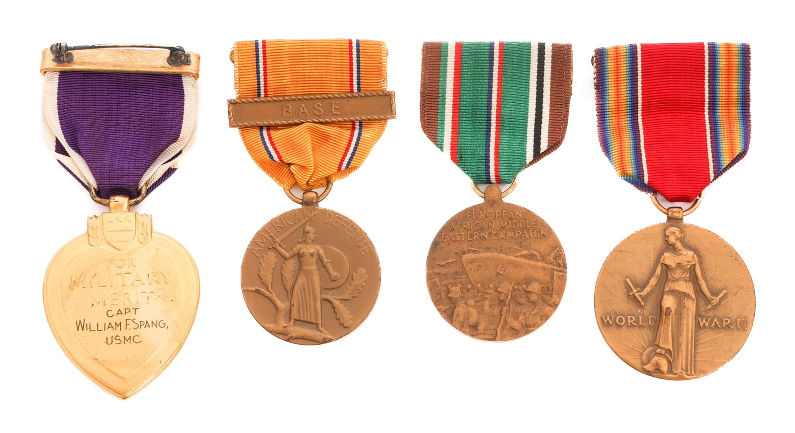 WWII USMC VMSB-132 GUADALCANAL KIA MEDAL GROUPING: WWII USMC VMSB-132 GUADALCANAL KIA MEDAL GROUPING WWII USMC Marine Scout Bombing Squadron 132 Guadalcanal KIA Medal Grouping. Named to Captain William F. Spang. (1) Purple Heart named to Spang. unnumb