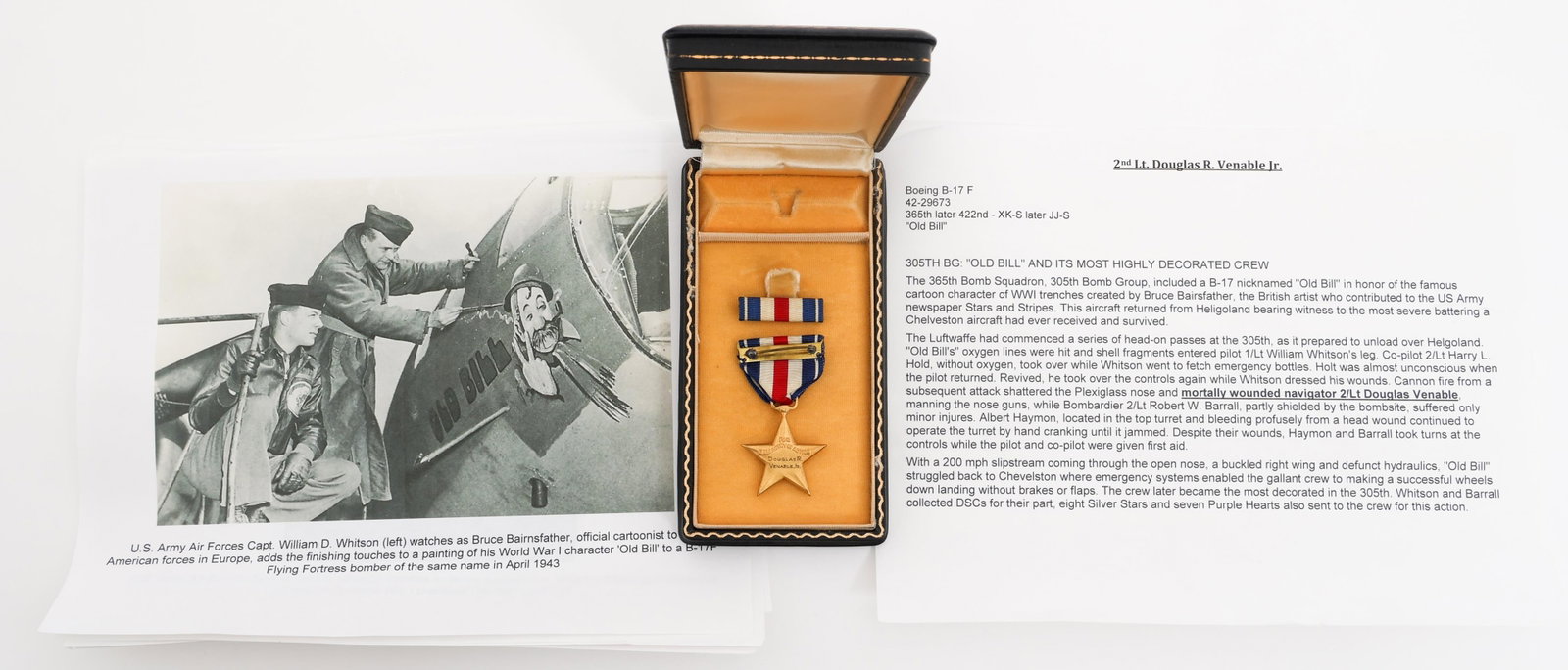WWII USAAF B-17 OLD BILL NAVIGATOR KIA SILVER STAR: WWII USAAF B-17 OLD BILL NAVIGATOR KIA SILVER STAR WWII USAAF 422nd Bombardment Squadron, 305th Bomb Group, 8th Air Force, B-17F Navigator Silver Star. Named to 2nd Lieutenant Douglas R. Venable Jr., 