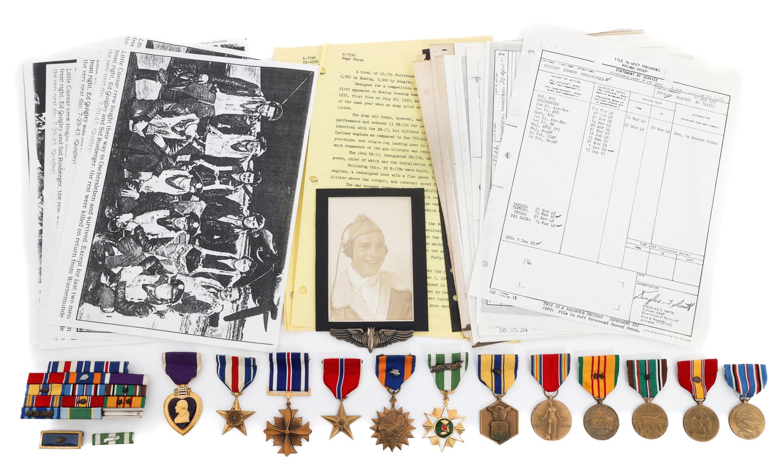 WWII - VIETNAM WAR US BOMBARDIER NAMED MEDAL GROUP: WWII - VIETNAM WAR US BOMBARDIER NAMED MEDAL GROUP WWII - Vietnam War USAAF / USAF Bombardier Medal Grouping. Named to Lt. Colonel Edward Christopher Quigley, serial numbers O-733355 (USAAF) and FR124