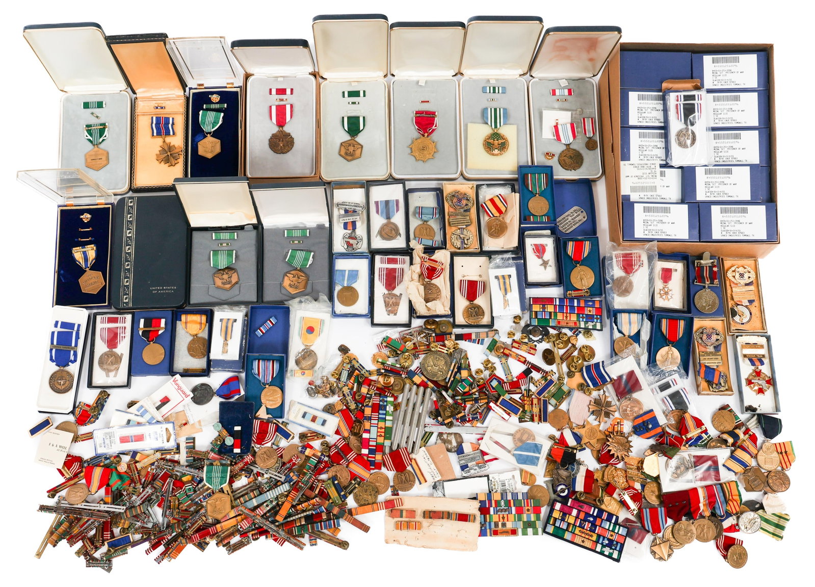 WWII - COLD WAR US ARMED FORCES MEDALS & RIBBONS: WWII - COLD WAR US ARMED FORCES MEDALS & RIBBONS WWII - Cold War US Armed Forces Medals & Ribbon Bars. Includes Distinguished Flying Cross with box, named Legion of Merit with box, named Commendation 