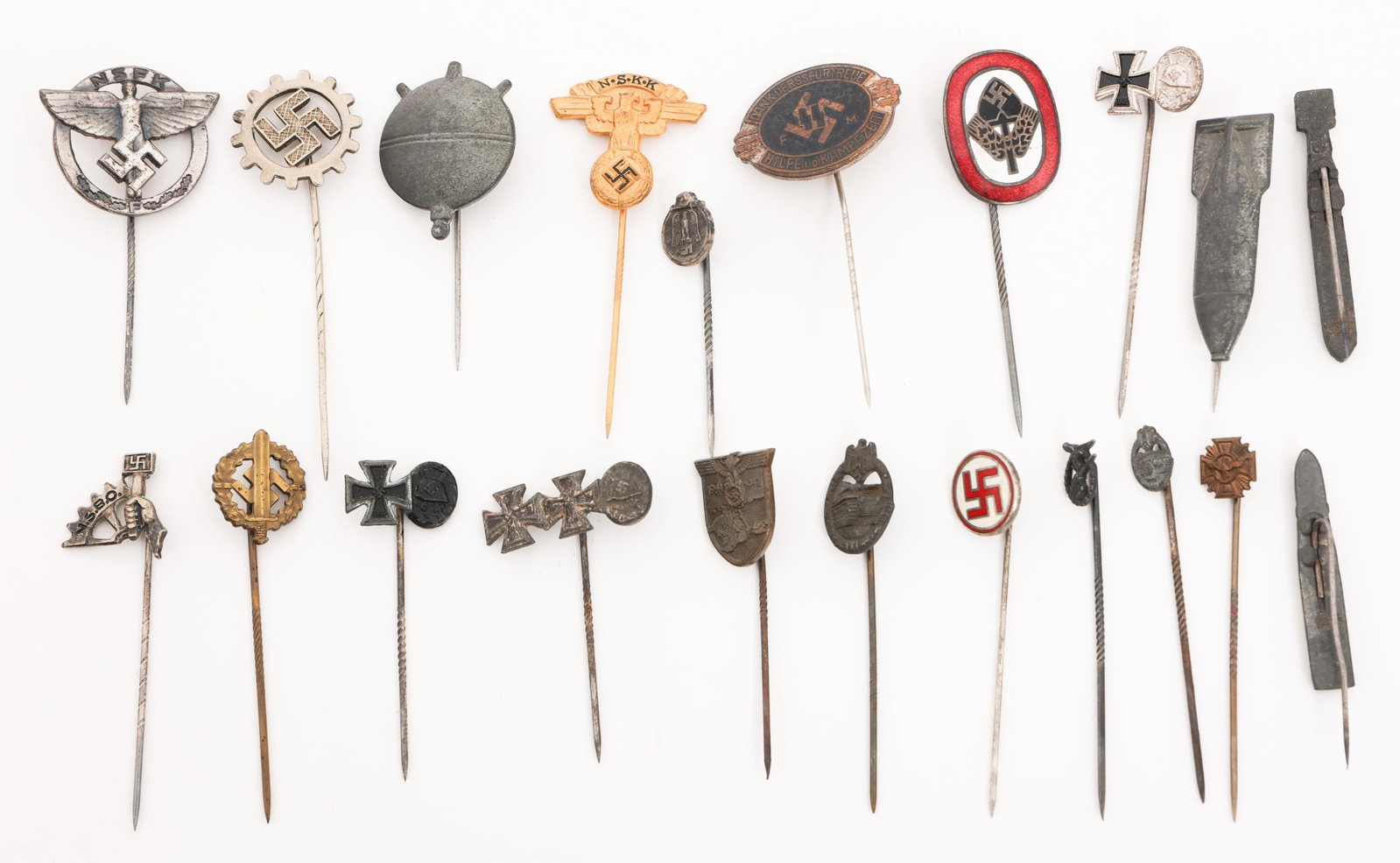 WWII GERMAN NSBO, IRON CROSS & NSKK STICK PINS: WWII GERMAN NSBO, IRON CROSS & NSKK STICK PINS WWII German Stick Pins. Includes NSBO, NSKK, RAD, Wound Badge, Iron Cross, Panzer Assault, NSFK, Flak Artillery and more.