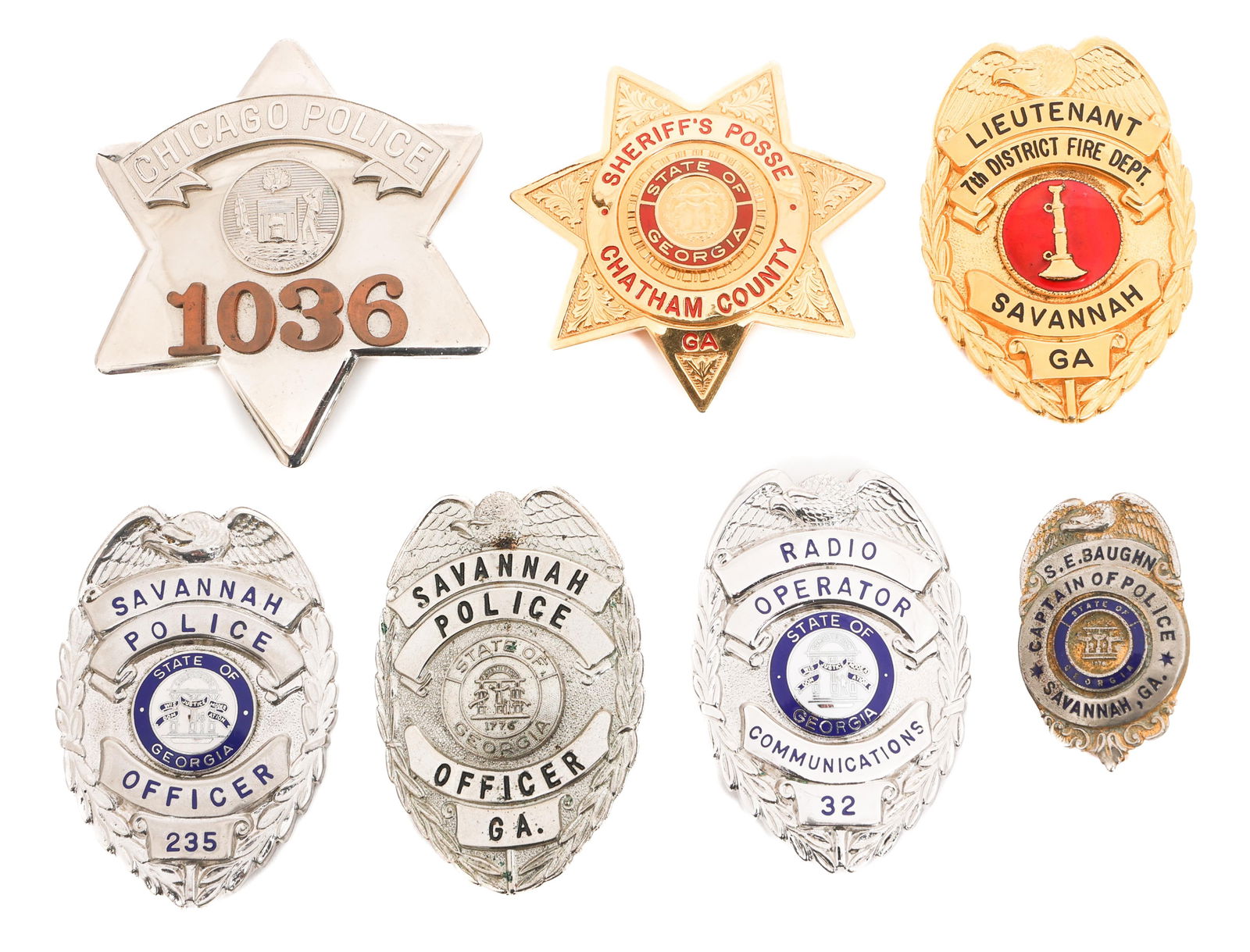 OBSOLETE US POLICE & FIRE DEPT BADGES: OBSOLETE US POLICE & FIRE DEPT BADGES Obsolete US Police & Fire Department badges. Includes Sheriff's Posse Chatham County, Chicago Police, Savannah Police, Savannah 7th District Fire Department, and