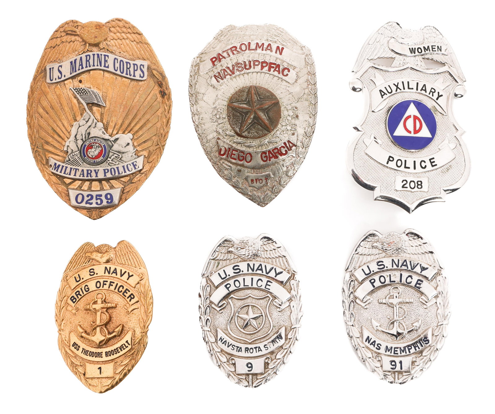 OBSOLETE US ARMED FORCES MILITARY POLICE BADGES: OBSOLETE US ARMED FORCES MILITARY POLICE BADGES Obsolete US Armed Forces Military Police Badges. Includes US Marine Corps Military Police, US Navy Brig Officer USS Theodore Roosevelt, US Navy Police N