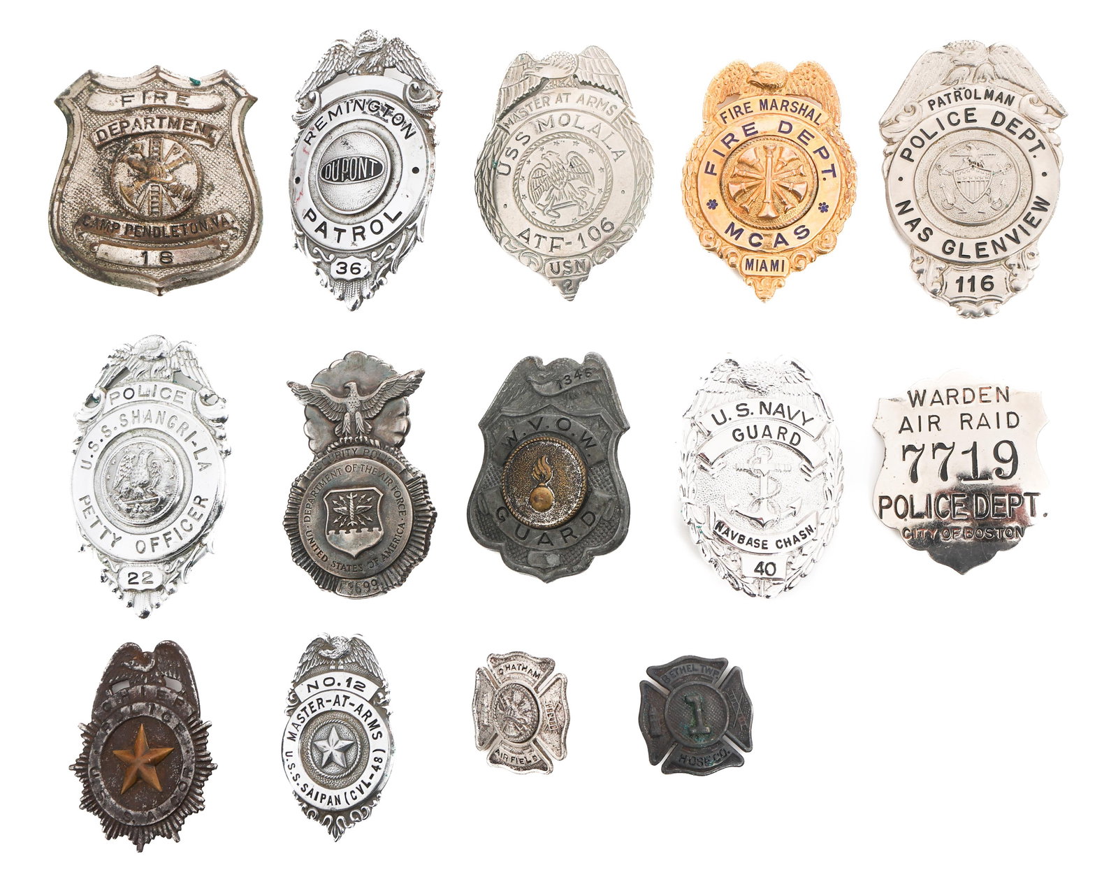 OBSOLETE US MILITARY POLICE & FIRE DEPT BADGES: OBSOLETE US MILITARY POLICE & FIRE DEPT BADGES Obsolete US Military Police, Fire Department, and Master at Arms Badges. Includes Marine Corps Air Station Miami Fire Marshal, Department of the Air Forc