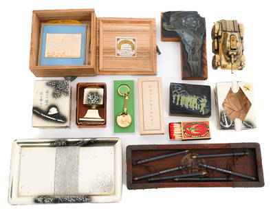 WWII US & JAPANESE PERSONAL GEAR BONANZA: WWII US & JAPANESE PERSONAL GEAR BONANZA WWII US & Japanese Personal Gear Bonanza. Includes M8 Greyhound armored car desk weight, 24k gold plated sake cup chain, matches, serving tray, ink stamps and