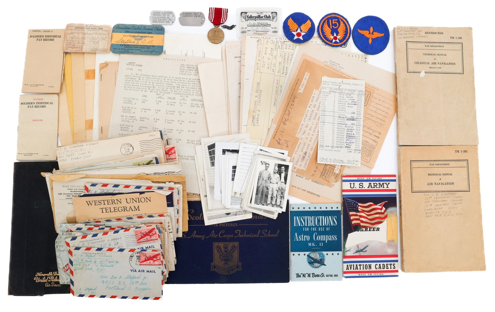 WWII USAAF 2nd Lt POW NAMED GROUPING: WWII USAAF 2nd Lt POW NAMED GROUPING WWII USAAF 2nd Lieutenant POW Grouping. Named to Charles B Stafford, 17029304, of the 22nd Transport Squadron, 15th Transport Group. (1) Caterpillar Club Pin. Make